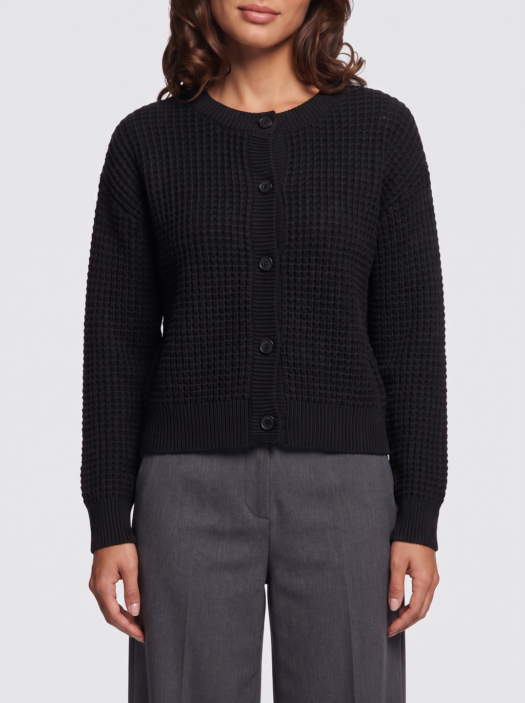 Ava Black Waffle Knit Cardigan - detail