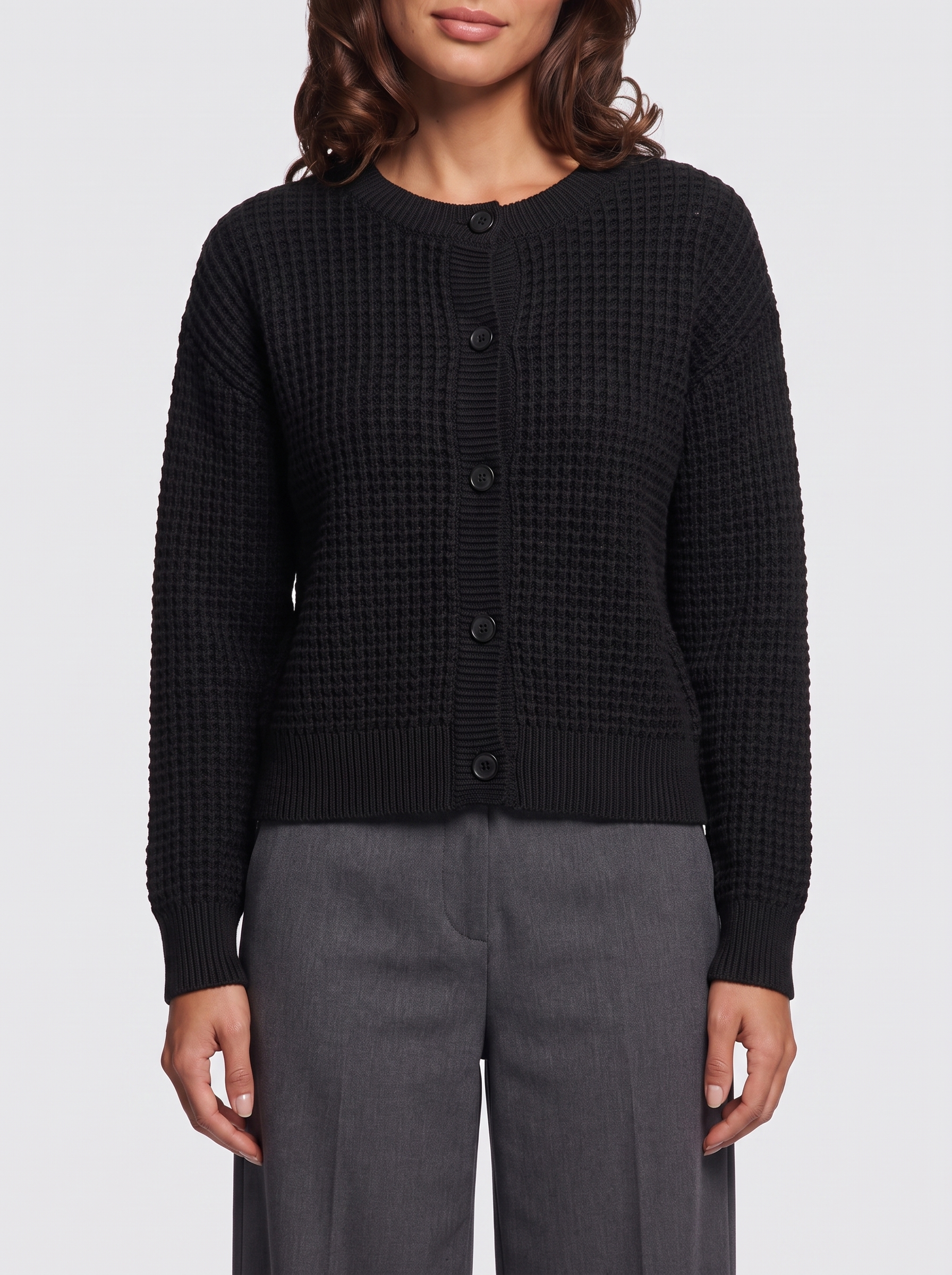 Ava Black Waffle Knit Cardigan - detail