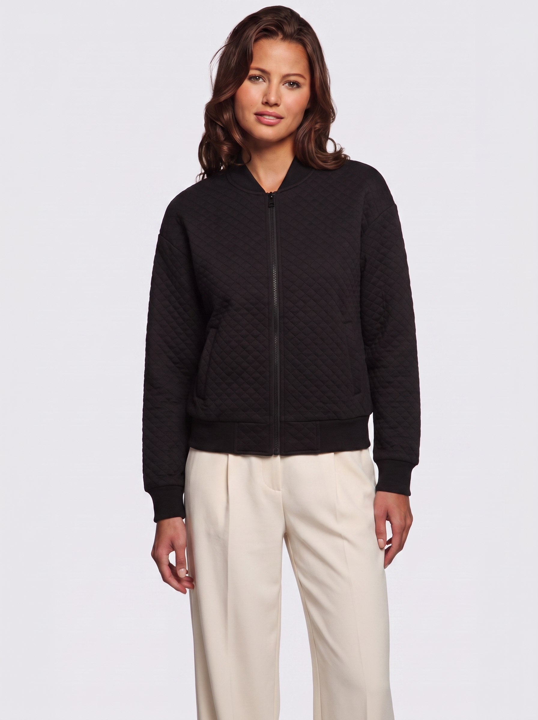Ava Black Quilted Ribbed-Collar Jacket - three quarter