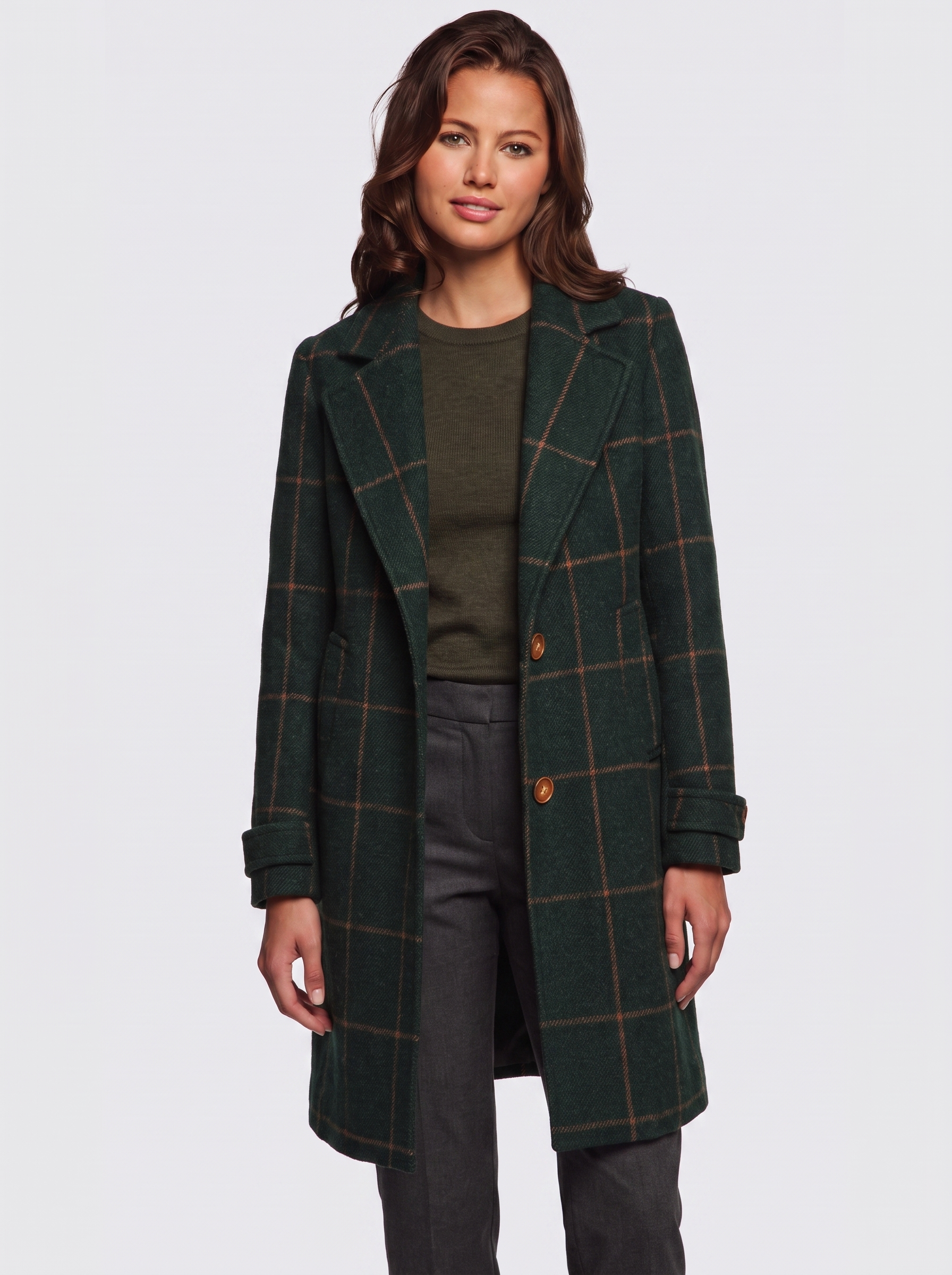 Ava Green Wool-Blend Check Coat - three quarter