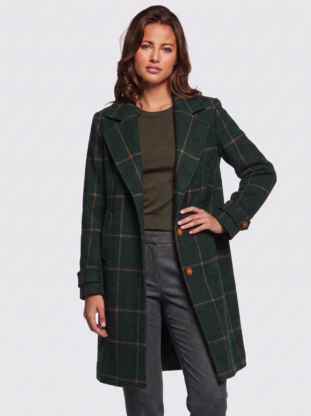 Ava Green Wool-Blend Check Coat - front