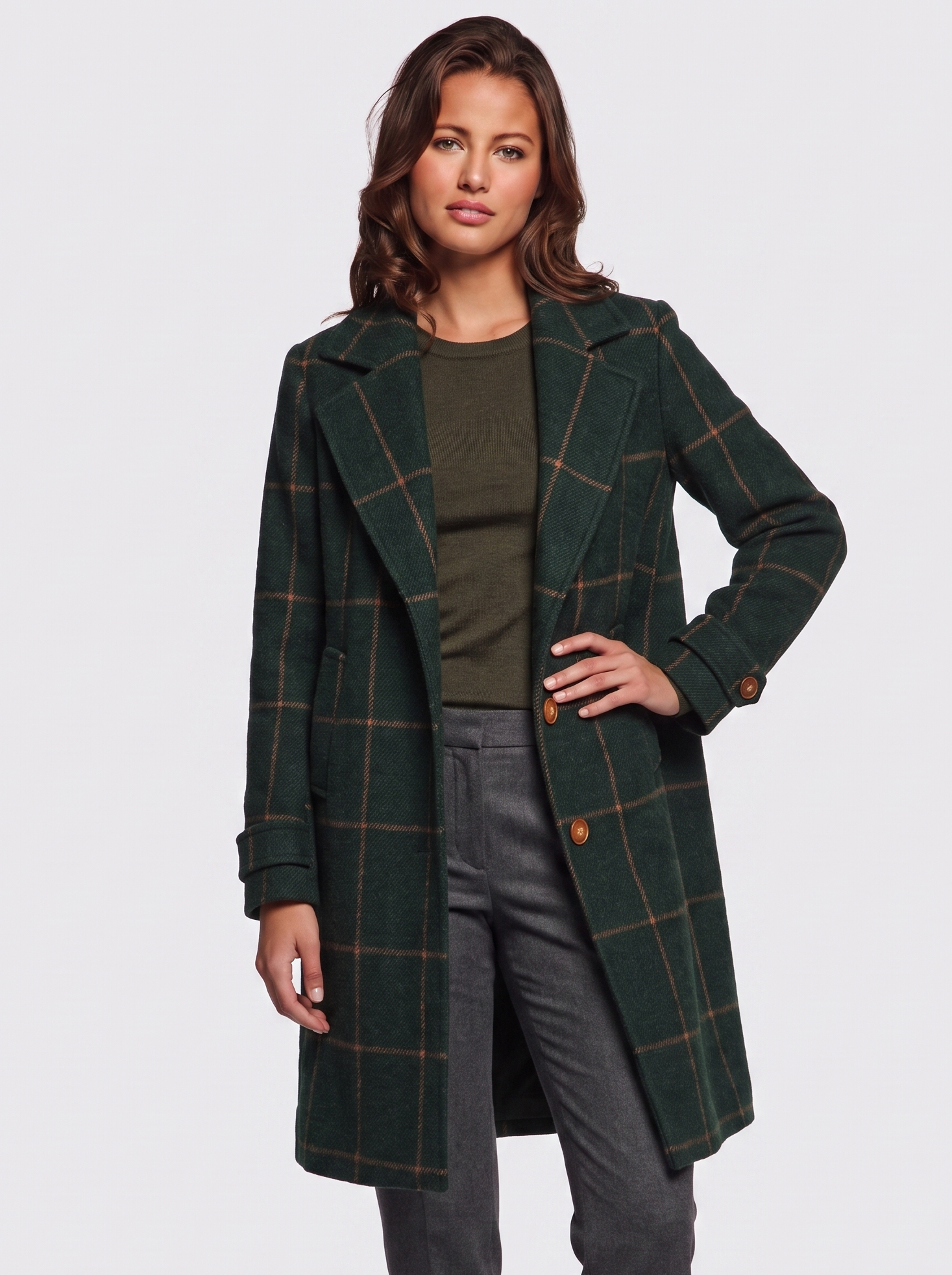 Ava Green Wool-Blend Check Coat - front