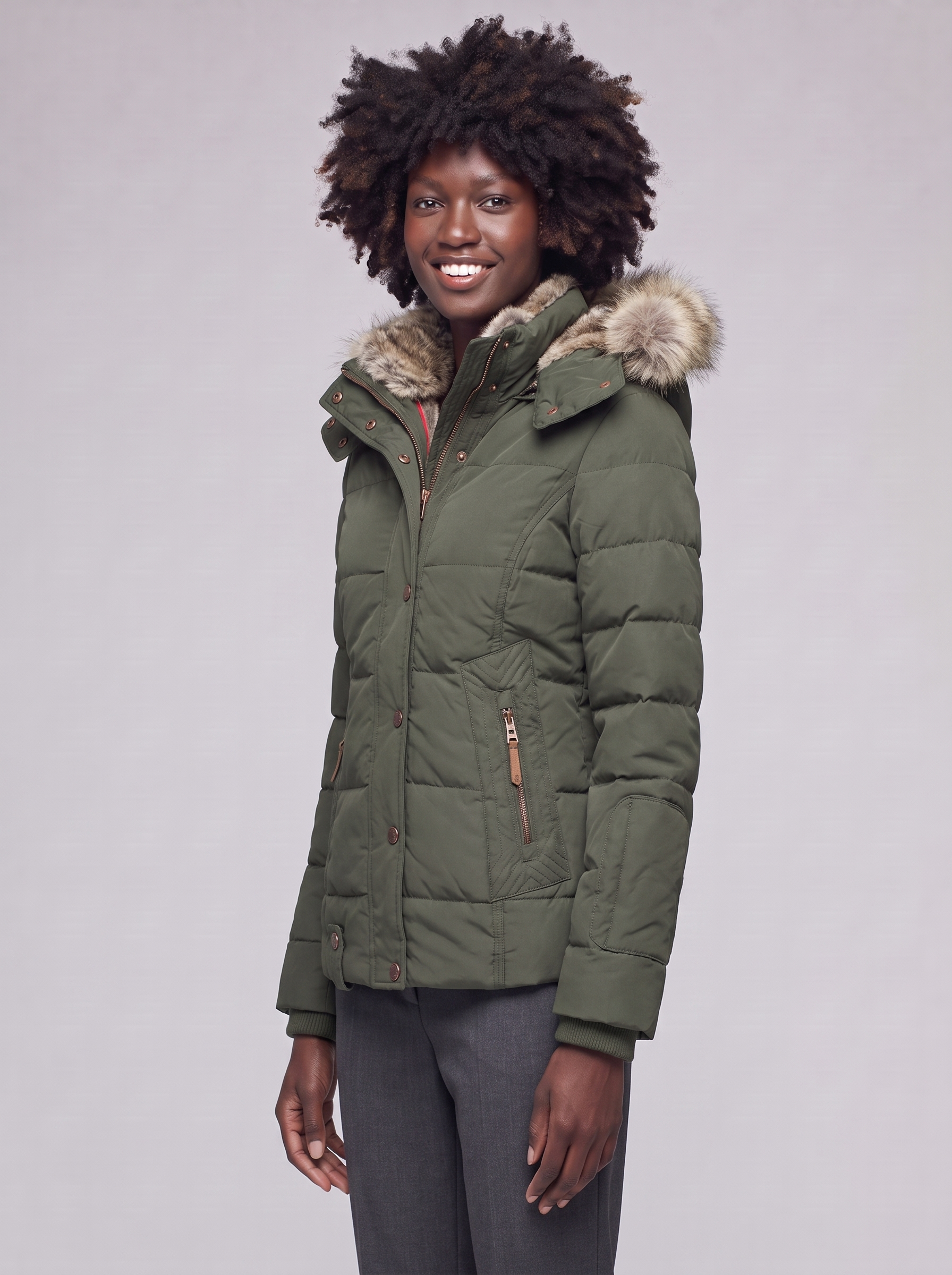 Mia | Green Hooded Padded Winter Coat - 3/4 turn