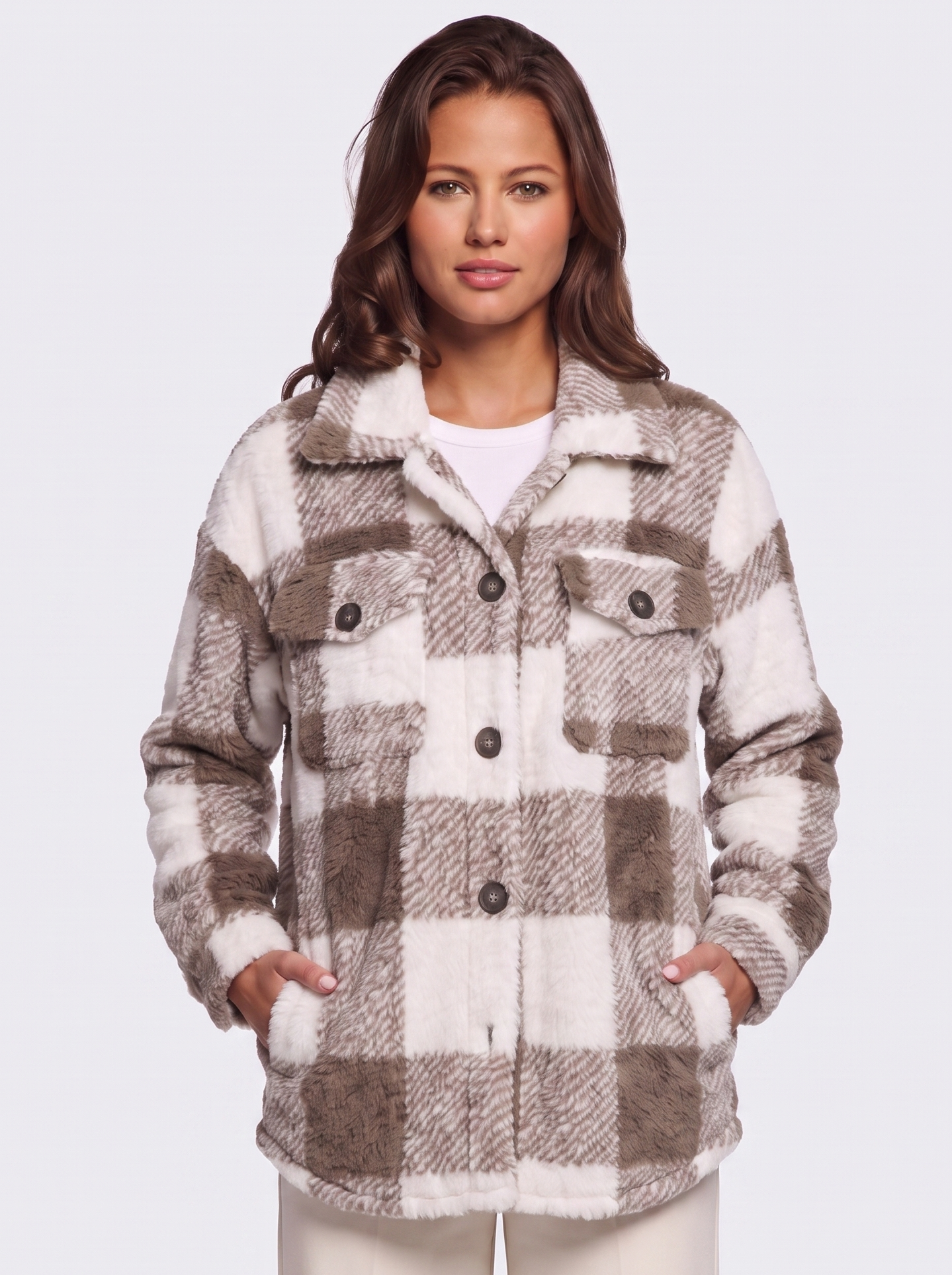 Ava Brown Checked Teddy Jacket - front
