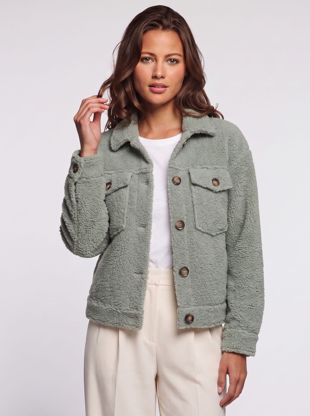 Ava Green Button-Up Sherpa Jacket - front