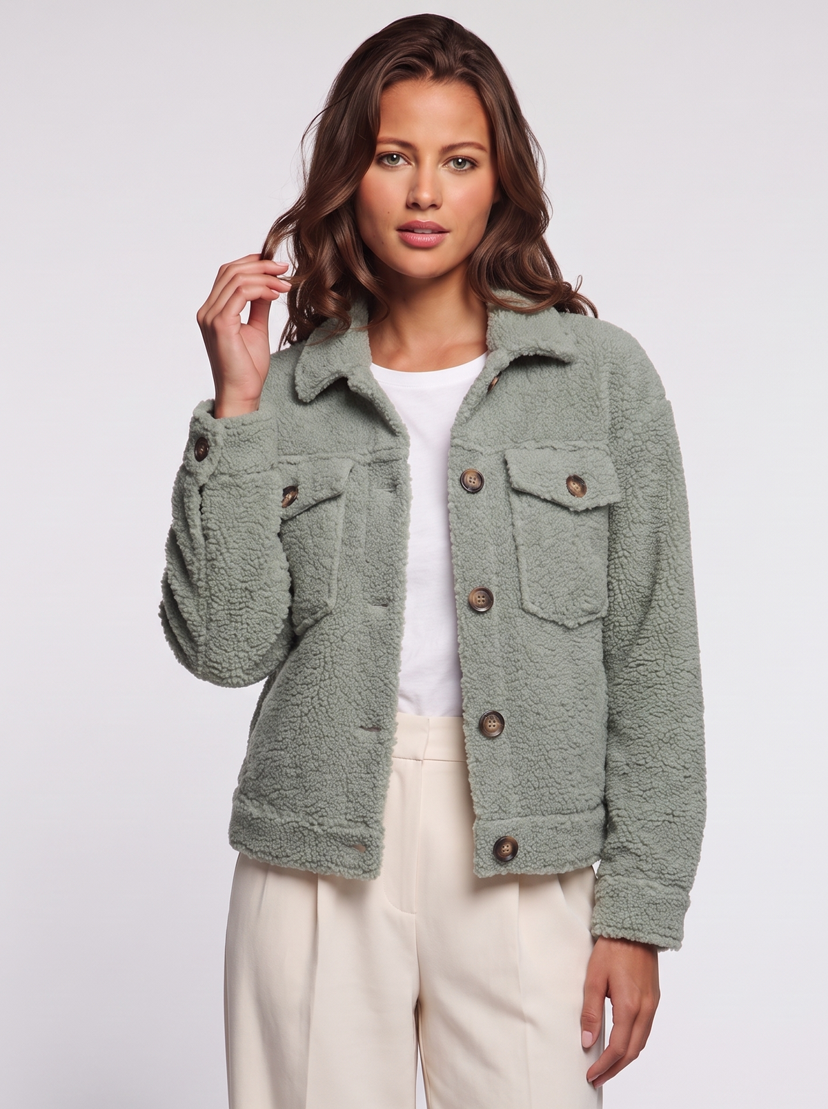 Ava Green Button-Up Sherpa Jacket - front