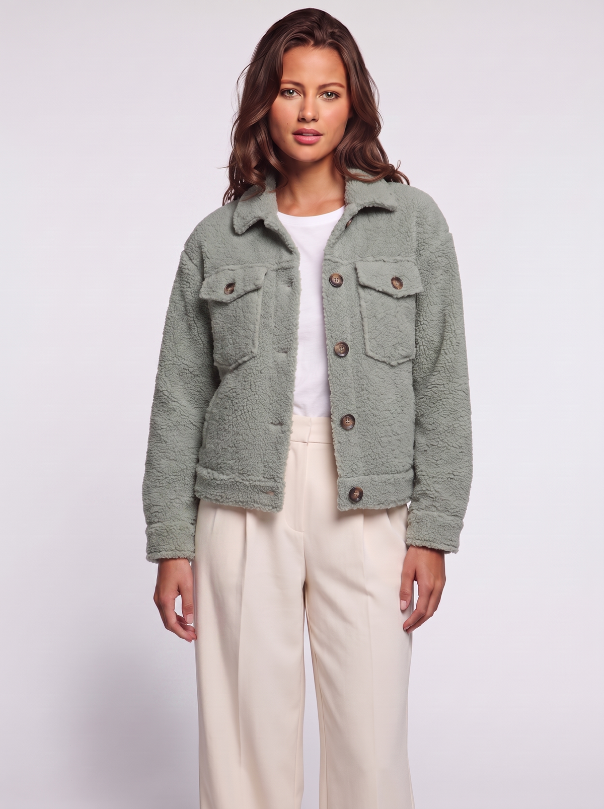Ava Green Button-Up Sherpa Jacket - three quarter
