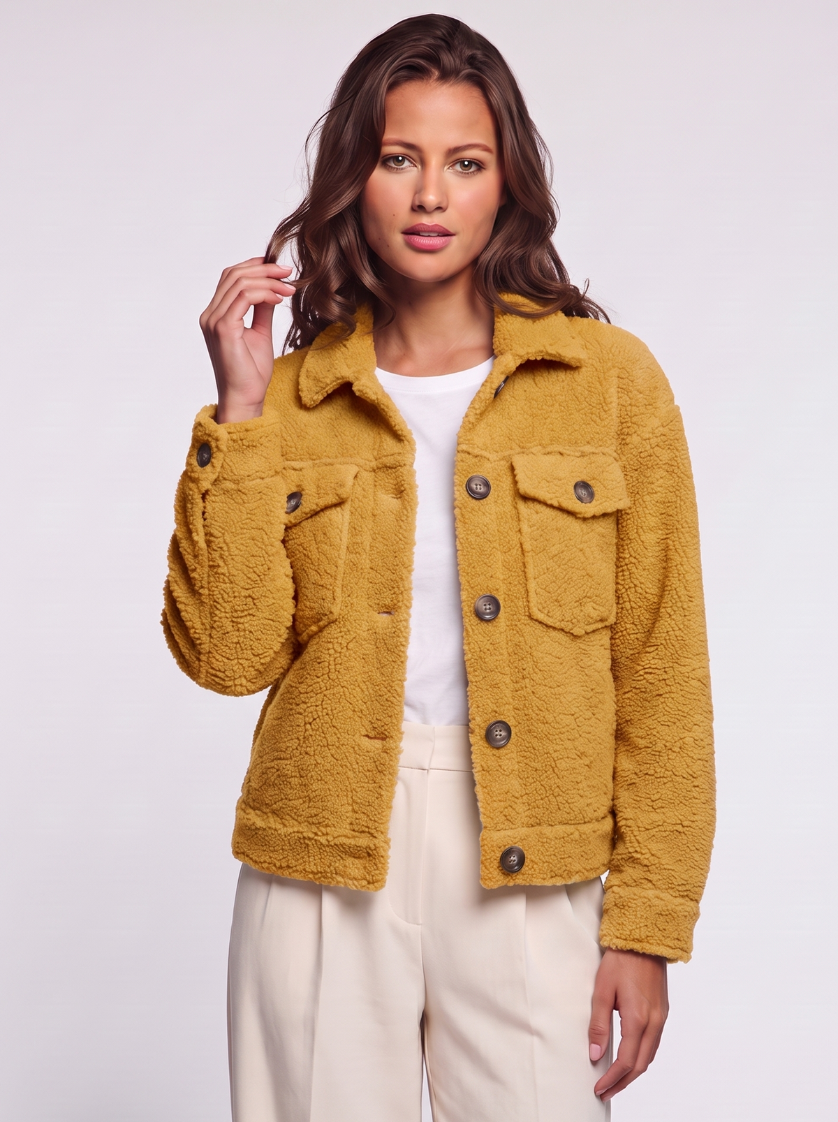 Ava Yellow Button-Up Sherpa Jacket - front