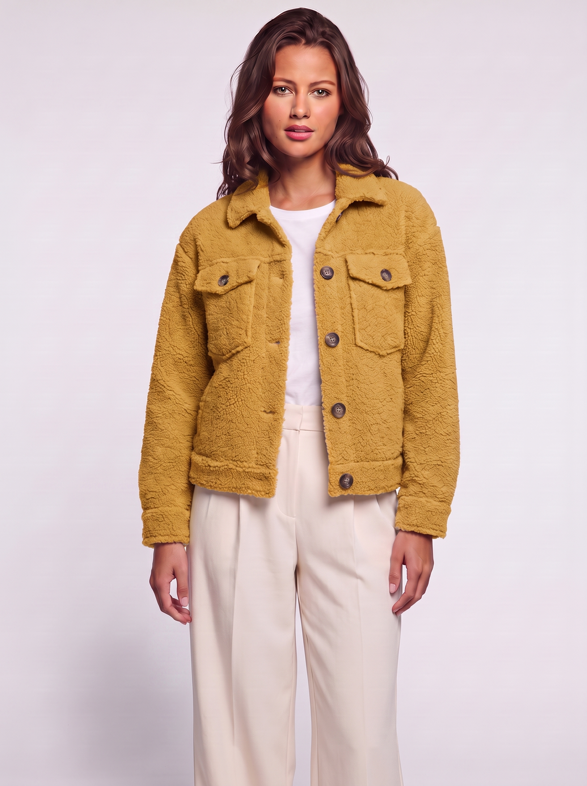 Ava Yellow Button-Up Sherpa Jacket - three quarter