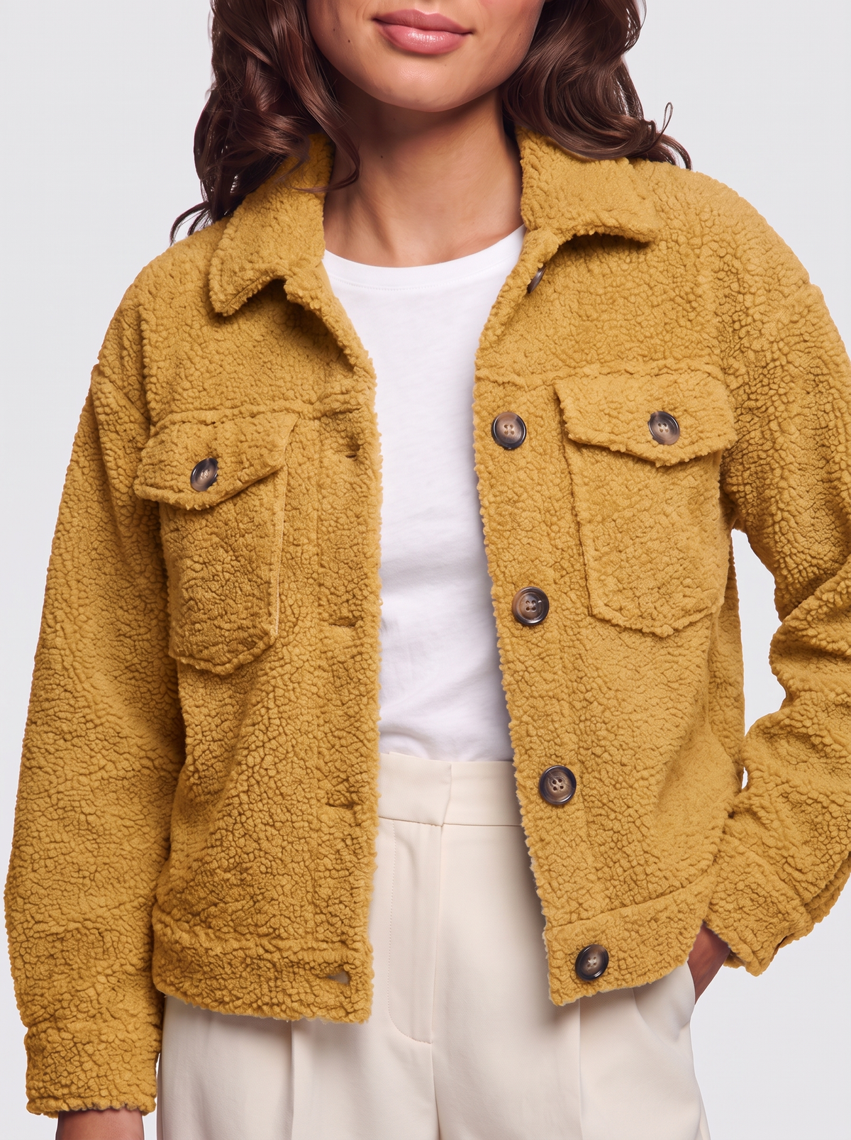 Ava Yellow Button-Up Sherpa Jacket - detail