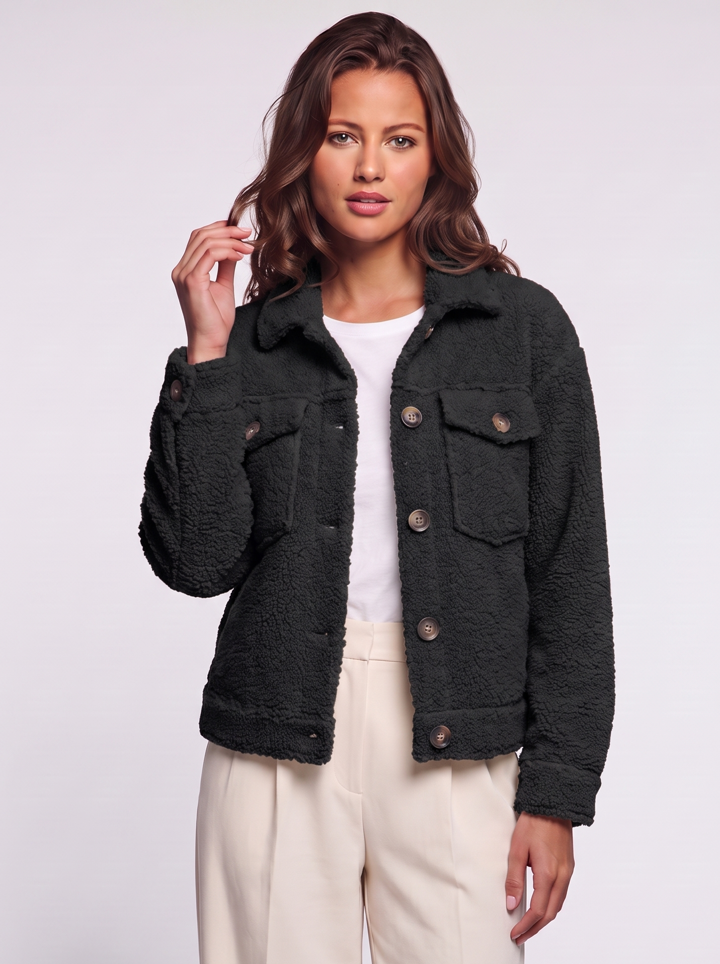 Ava Black Button-Up Sherpa Jacket - front