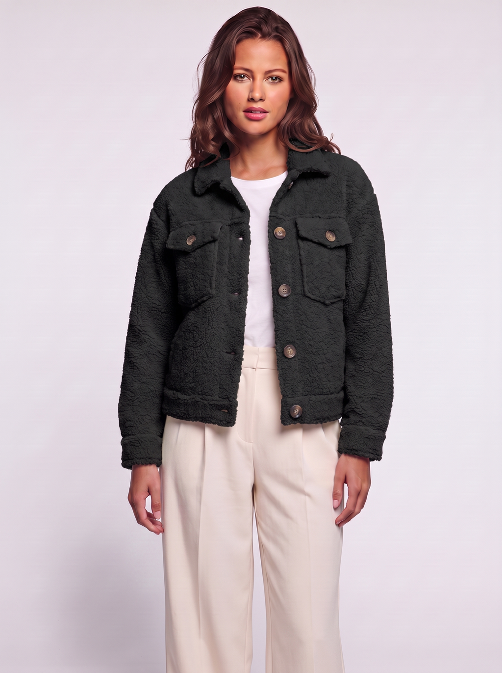Ava Black Button-Up Sherpa Jacket - three quarter