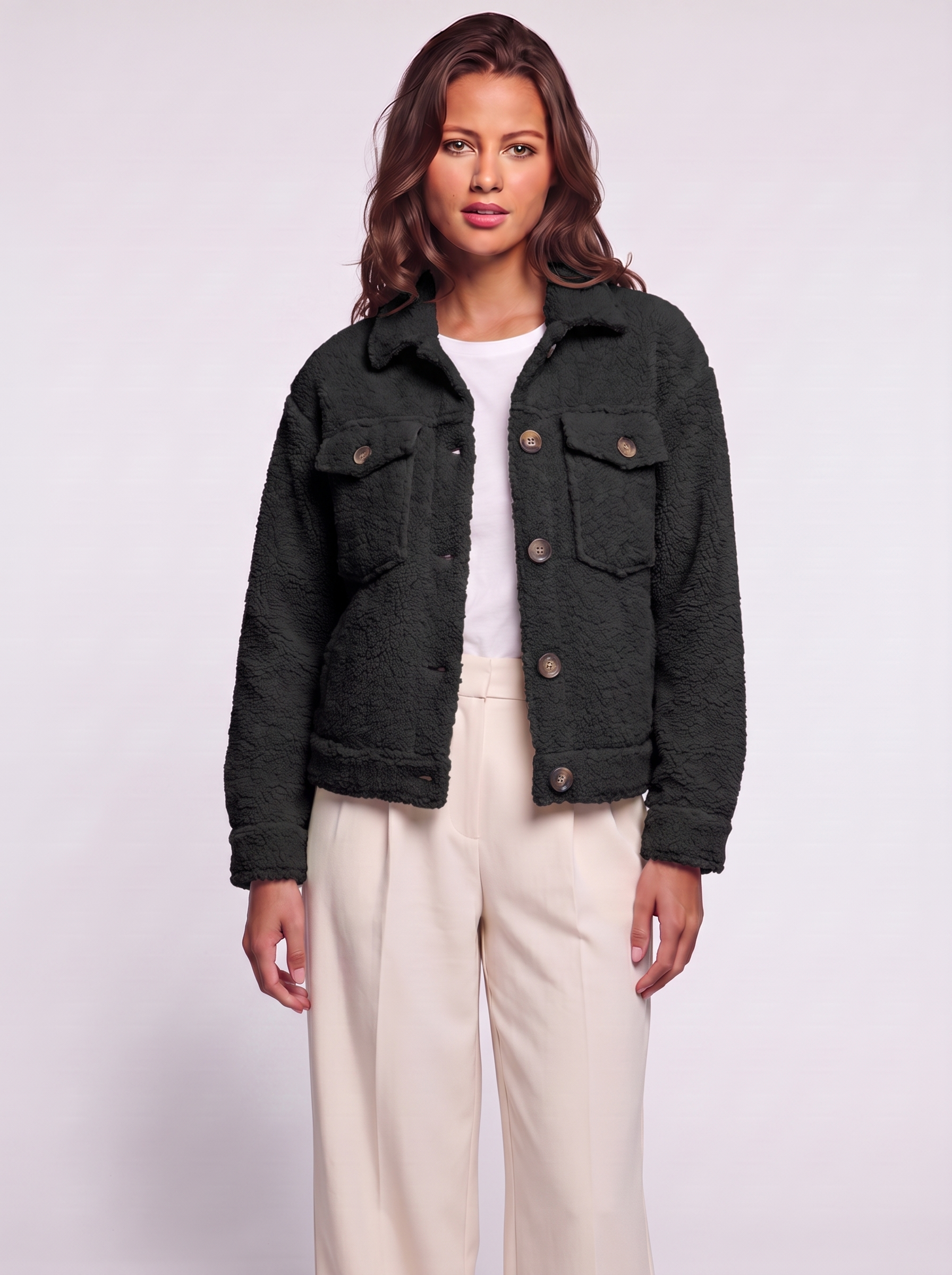 Ava Black Button-Up Sherpa Jacket - three quarter