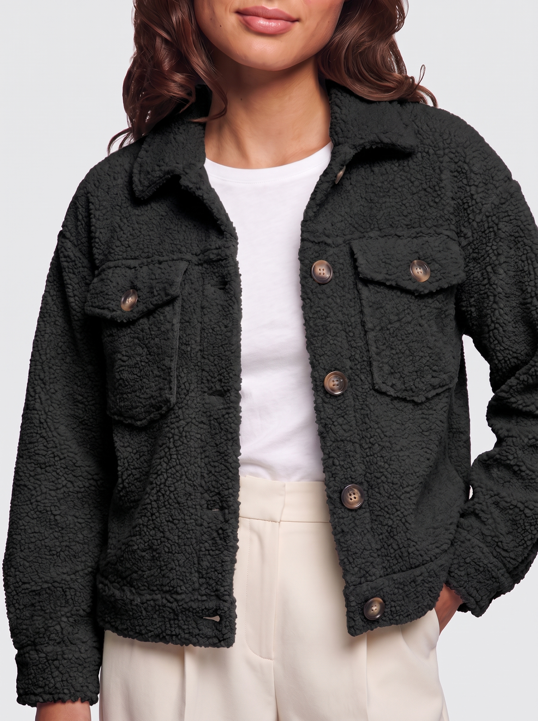 Ava Black Button-Up Sherpa Jacket - detail