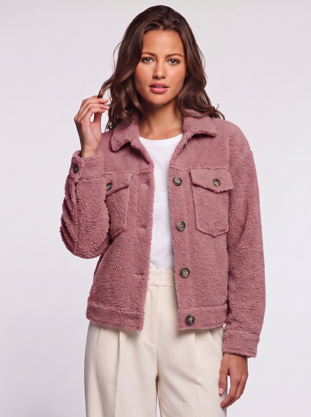 Ava Pink Button-Up Sherpa Jacket - front