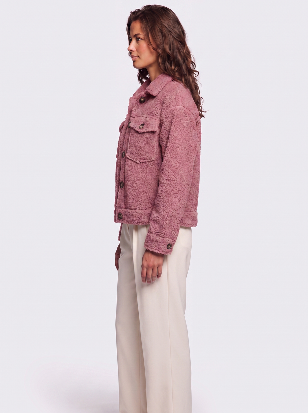 Ava Pink Button-Up Sherpa Jacket - side