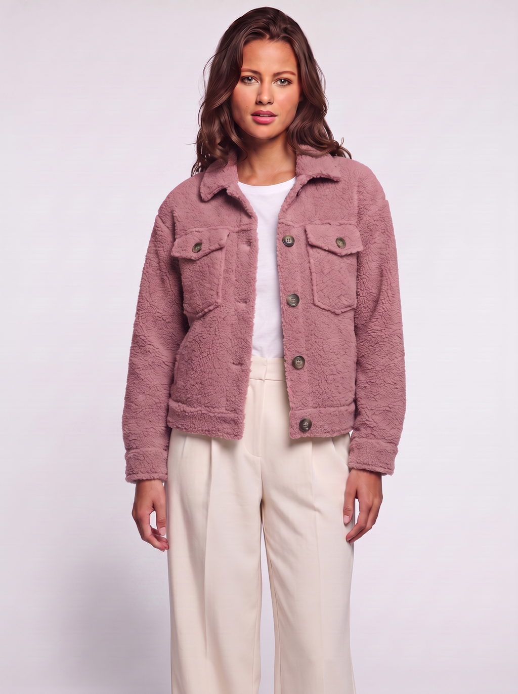 Ava Pink Button-Up Sherpa Jacket - three quarter