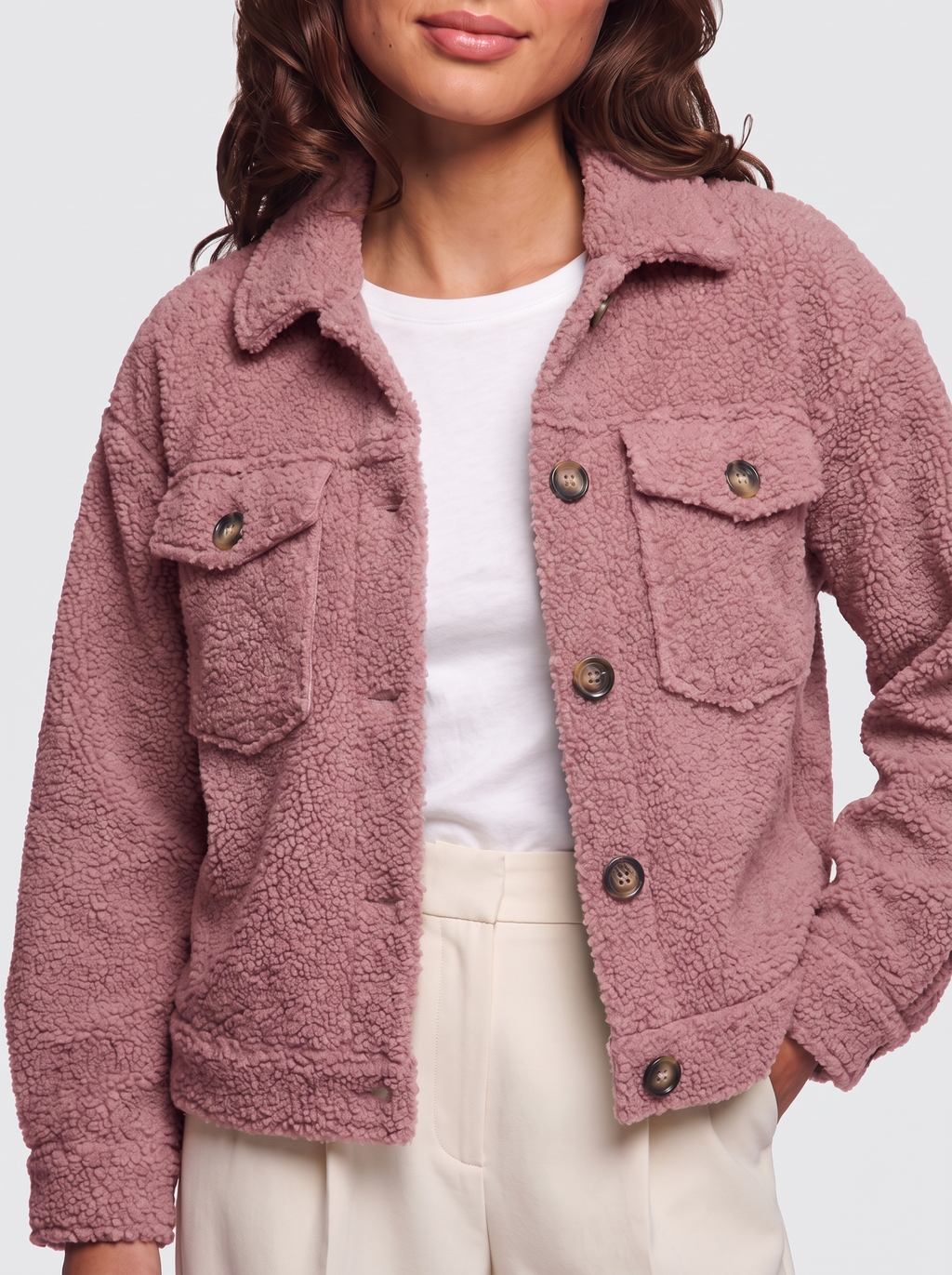 Ava Pink Button-Up Sherpa Jacket - detail