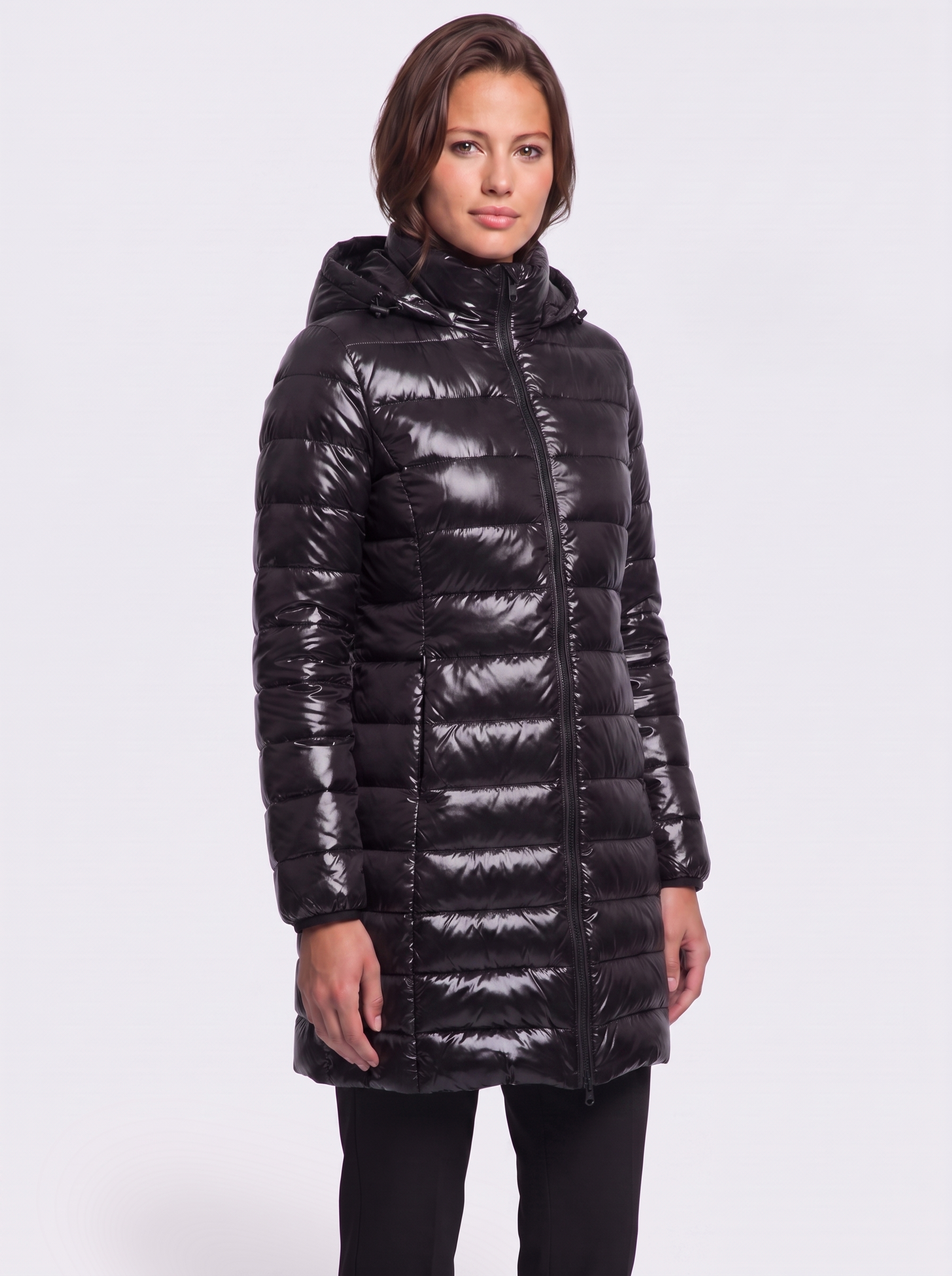 Ava Black Detachable Hood Puffer Coat - three quarter