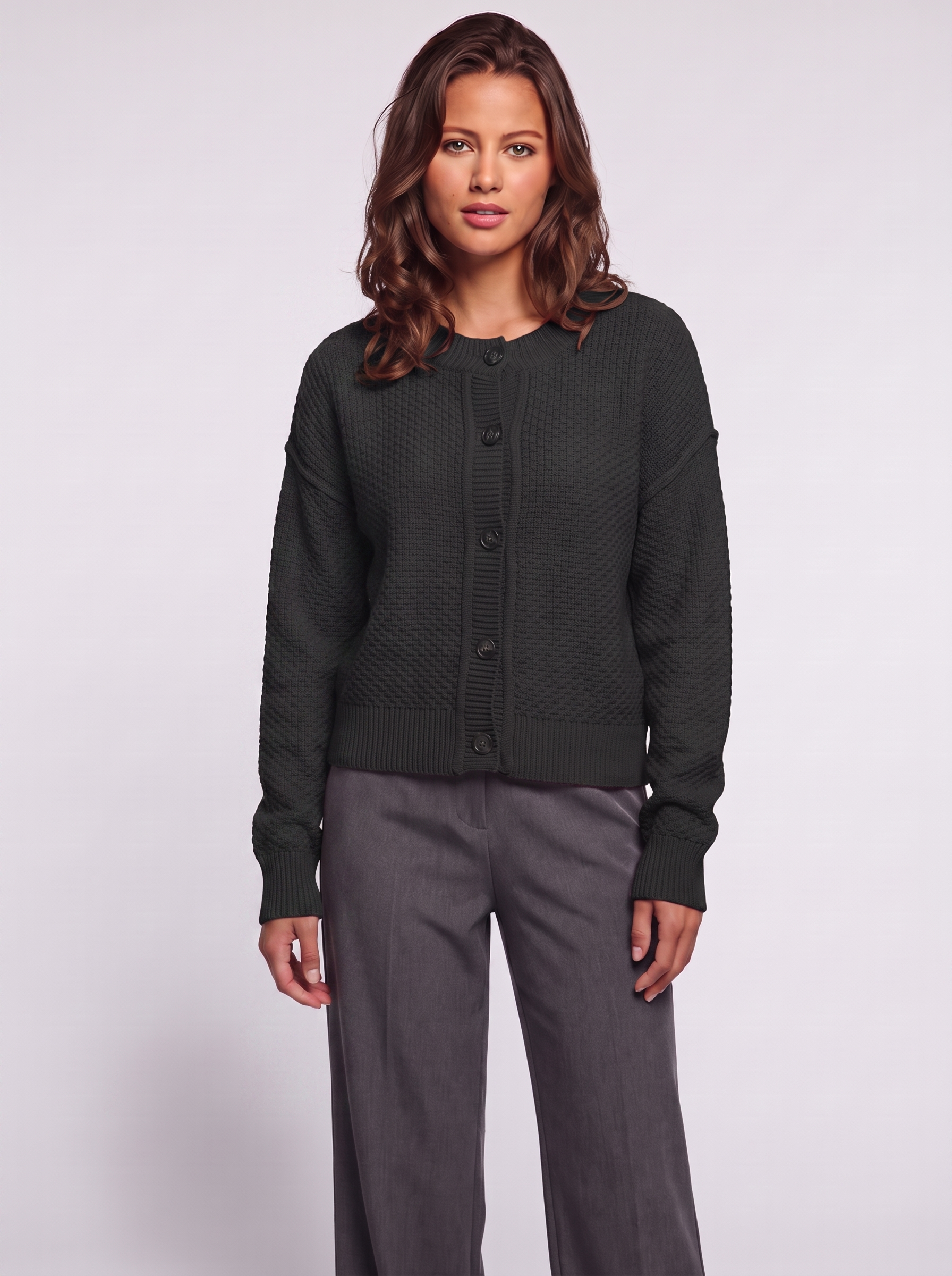 Ava Black Waffle Knit Cardigan - three quarter