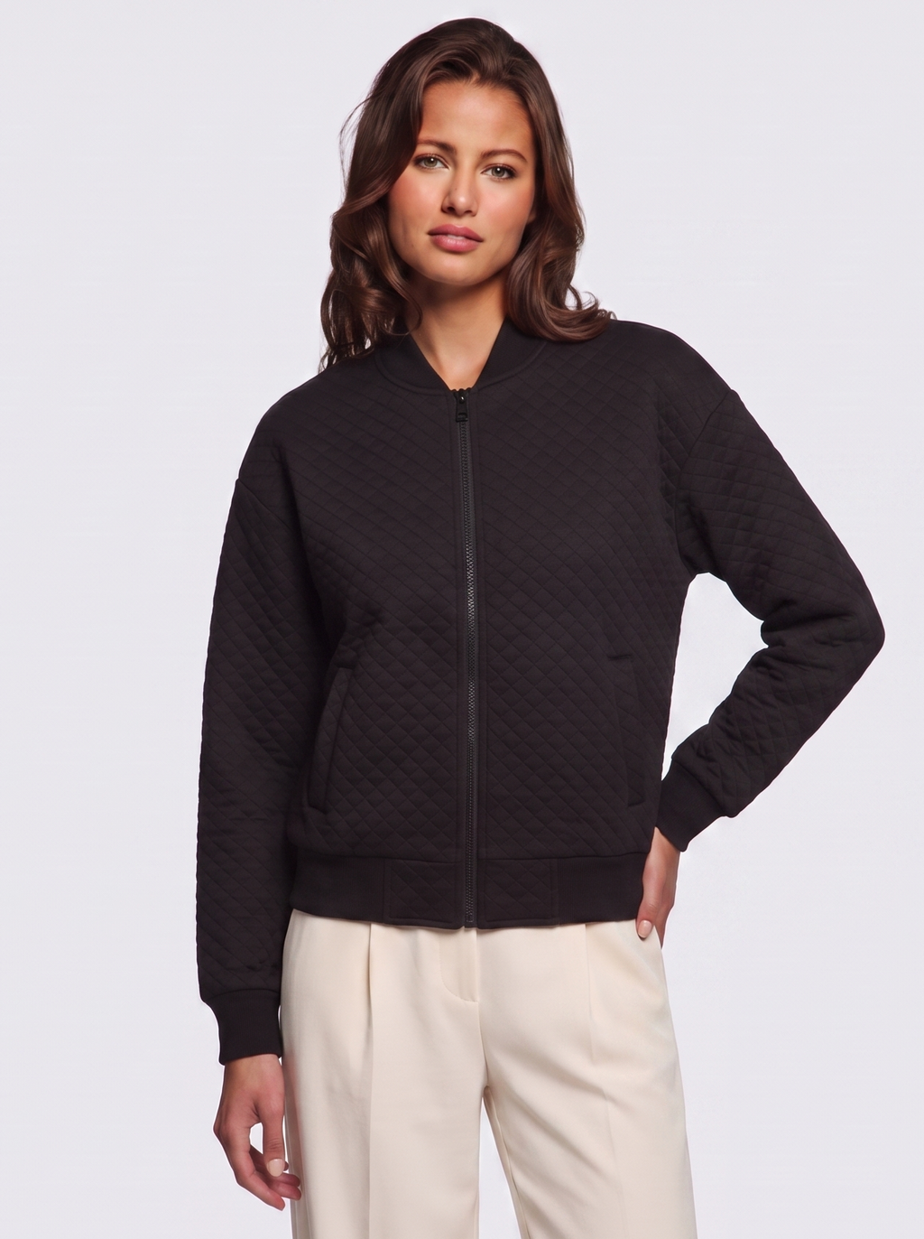 Ava Black Quilted Ribbed-Collar Jacket - front