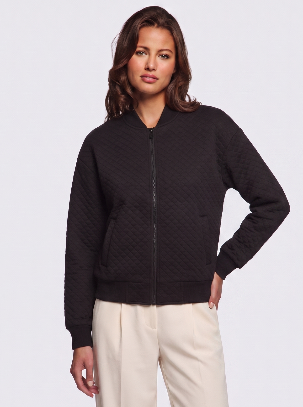 Ava Black Quilted Ribbed-Collar Jacket - front