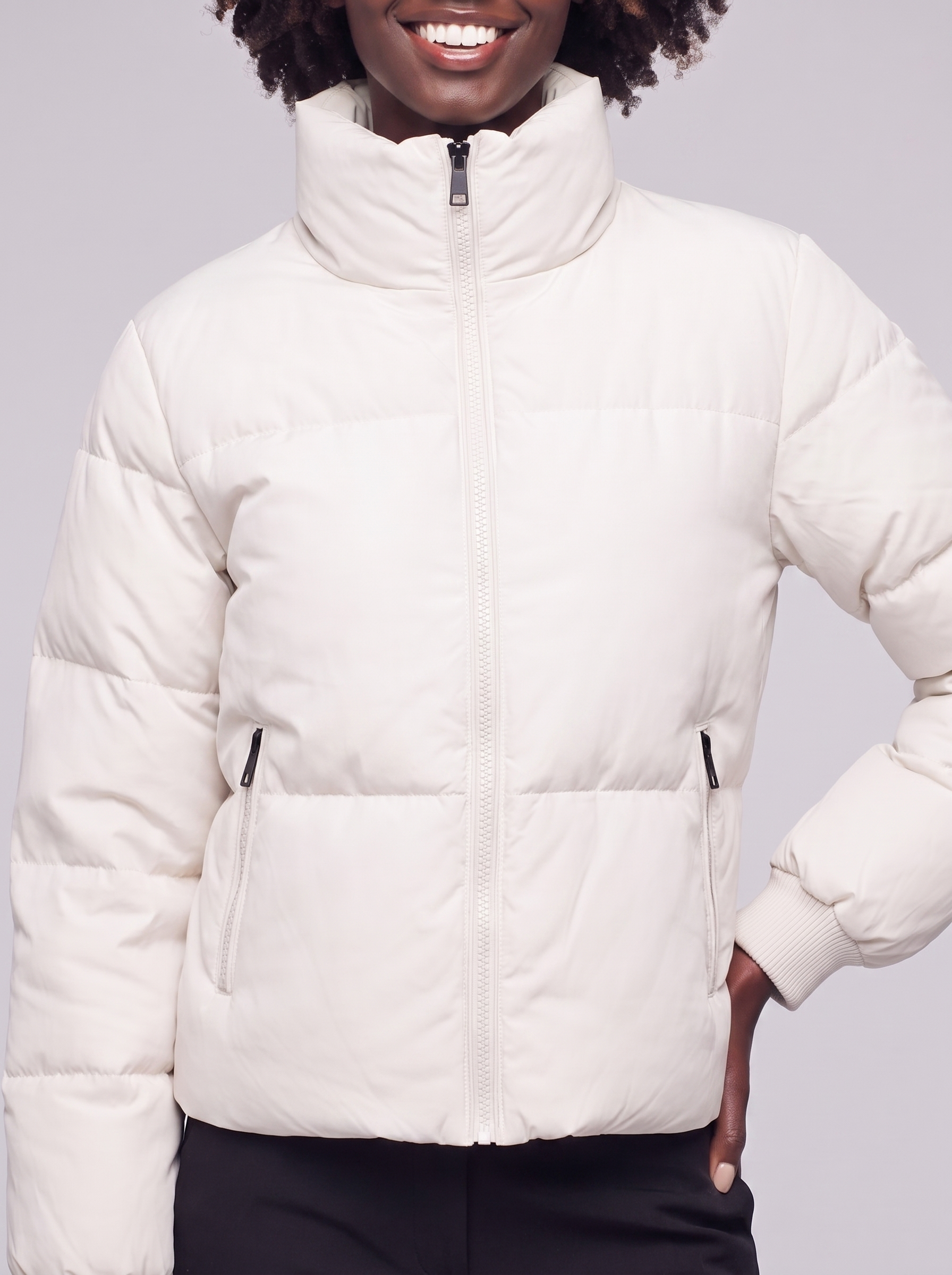 Mia | White Funnel Neck Puffer Jacket - close-up