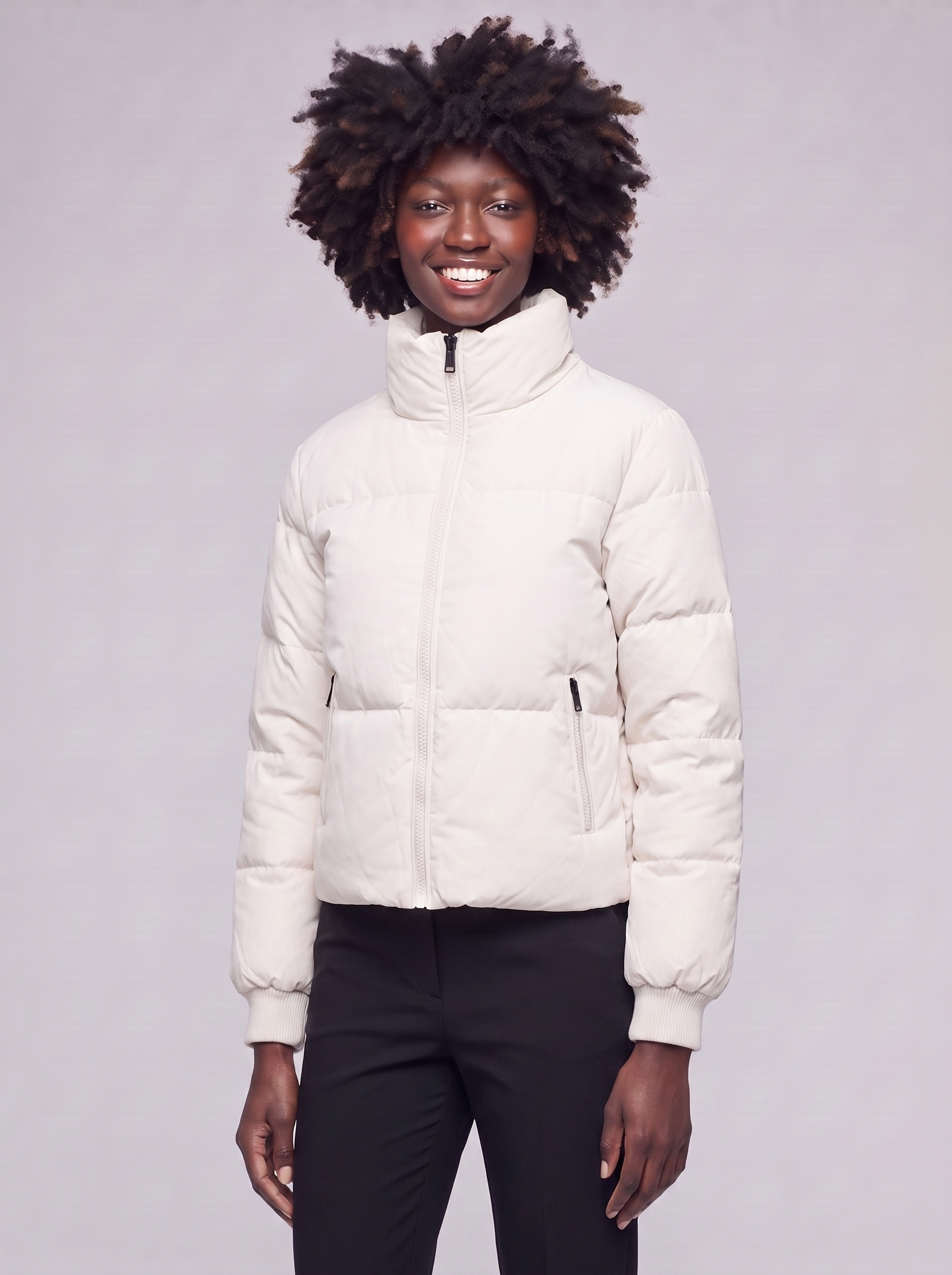 Mia | White Funnel Neck Puffer Jacket - 3/4 turn