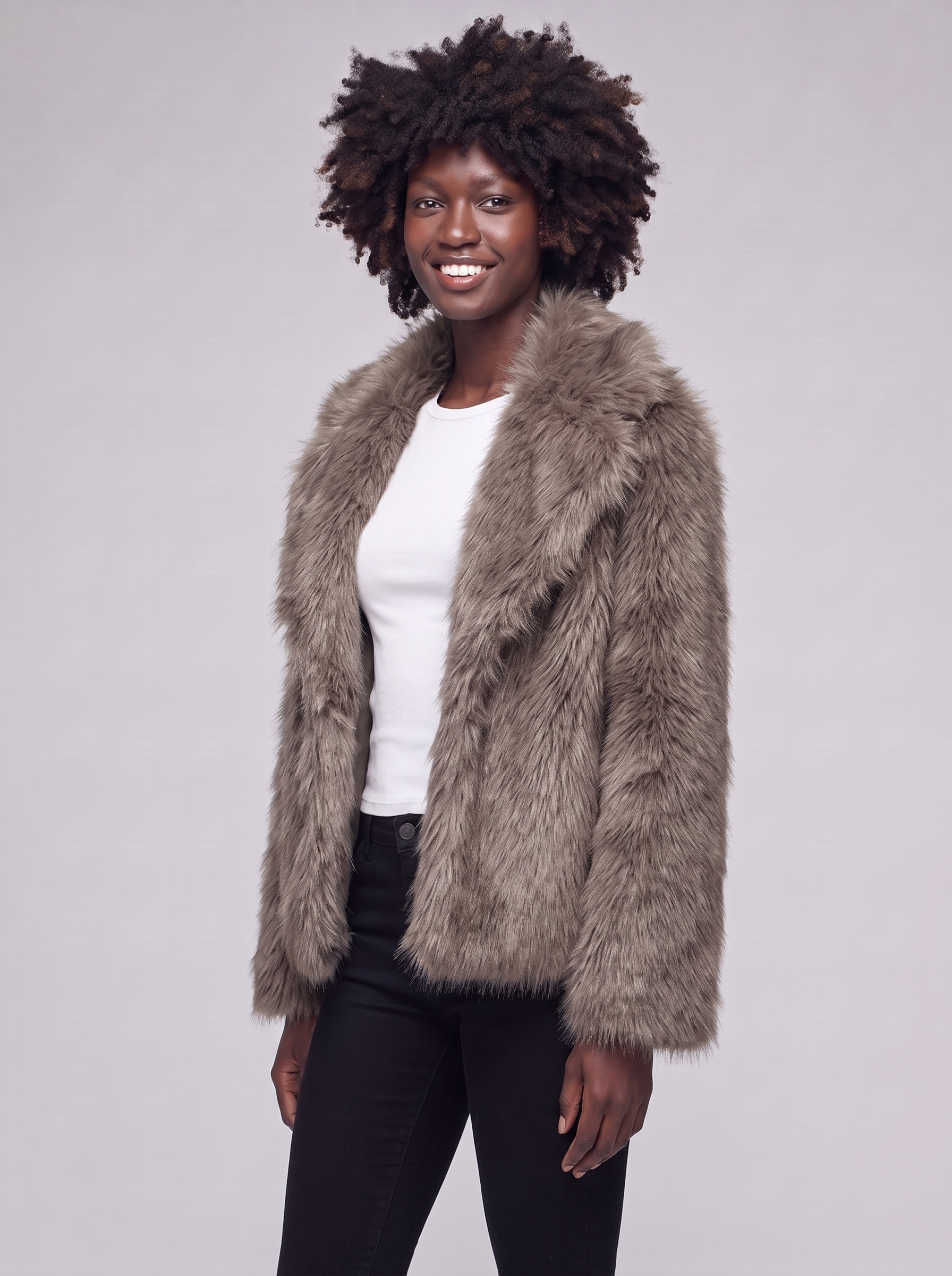 Mia | Brown Longline Faux Fur Coat - 3/4 turn