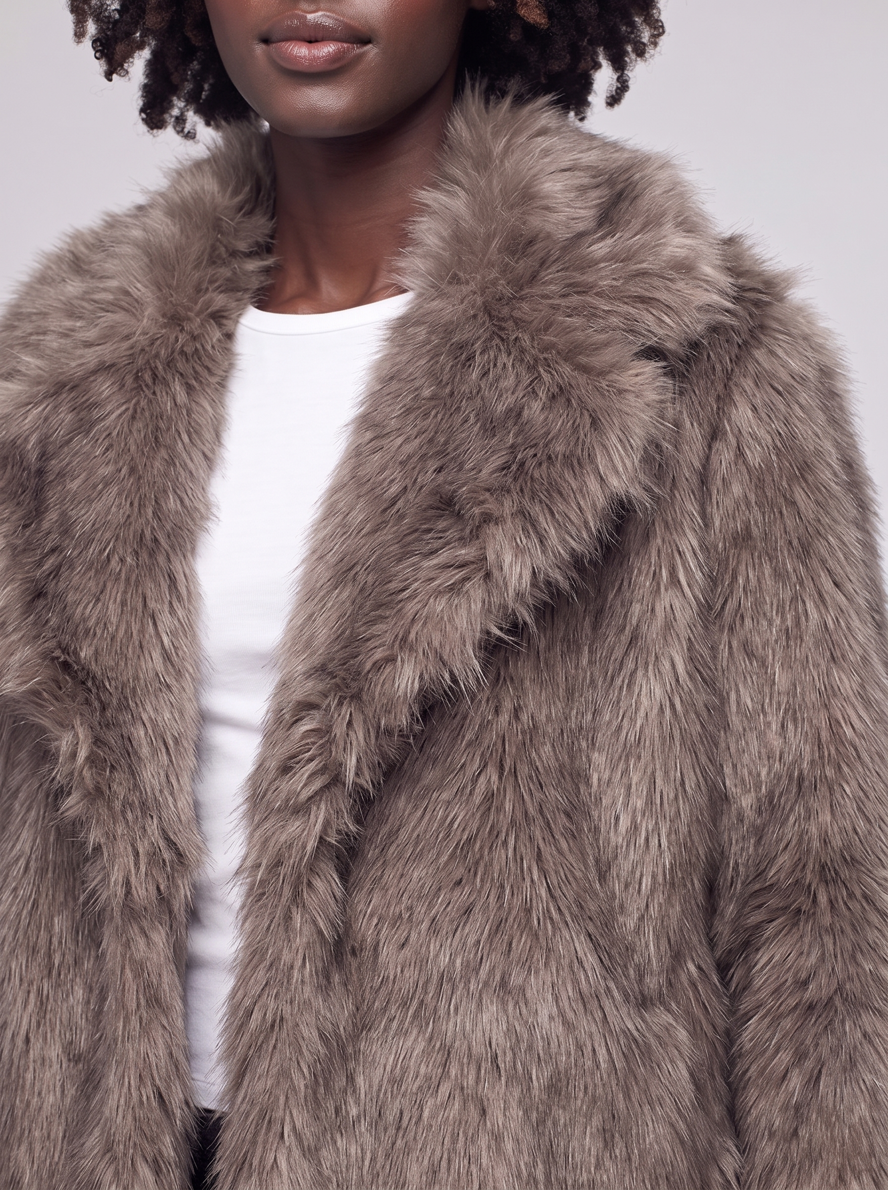 Mia | Brown Longline Faux Fur Coat - close-up