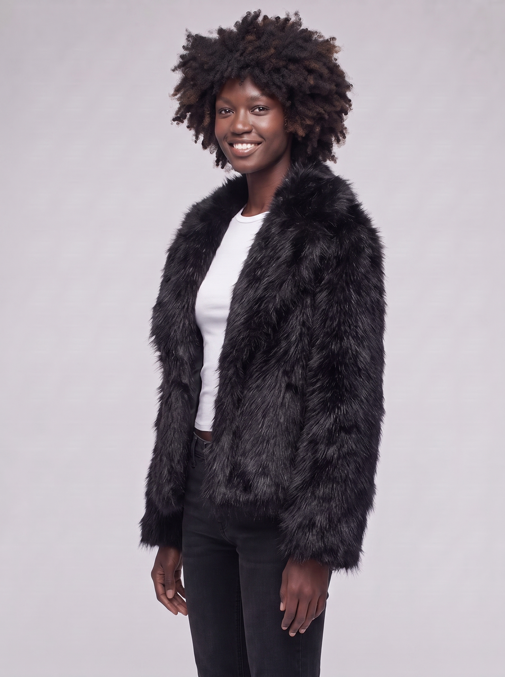 Mia | Black Longline Faux Fur Coat - 3/4 turn