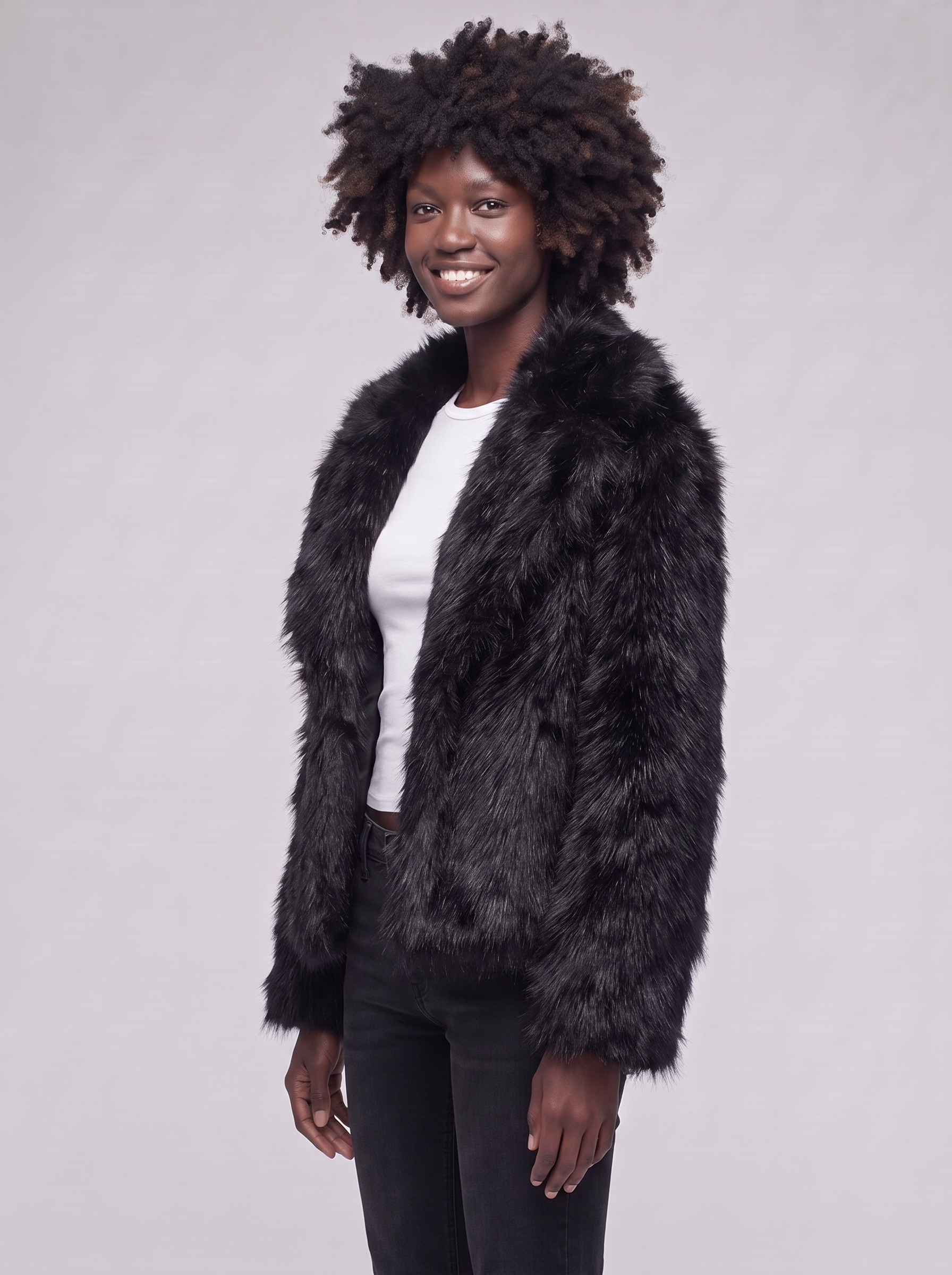 Mia | Black Longline Faux Fur Coat - 3/4 turn