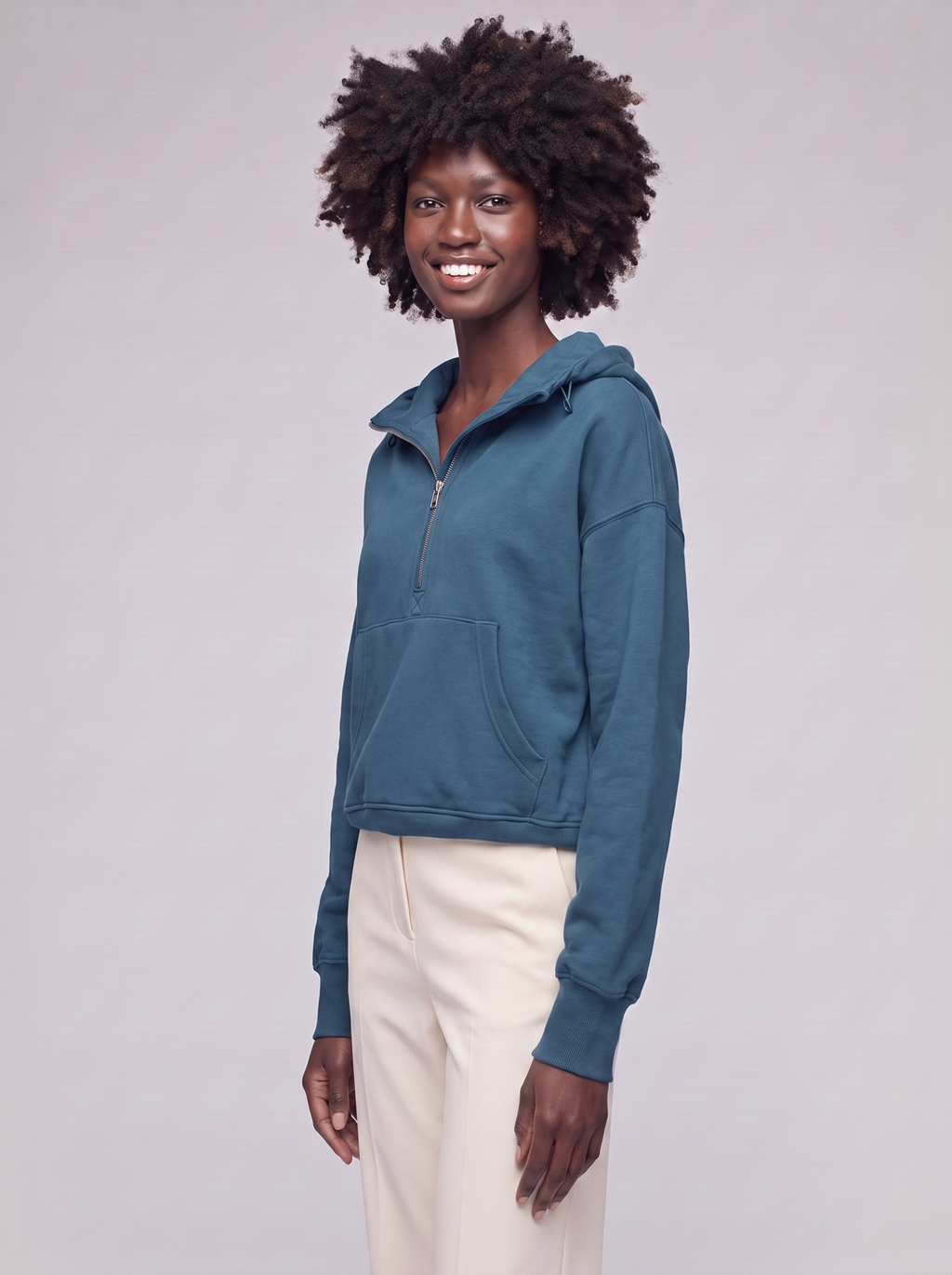 Mia | Blue Cotton Drawstring Hooded Jacket - 3/4 turn