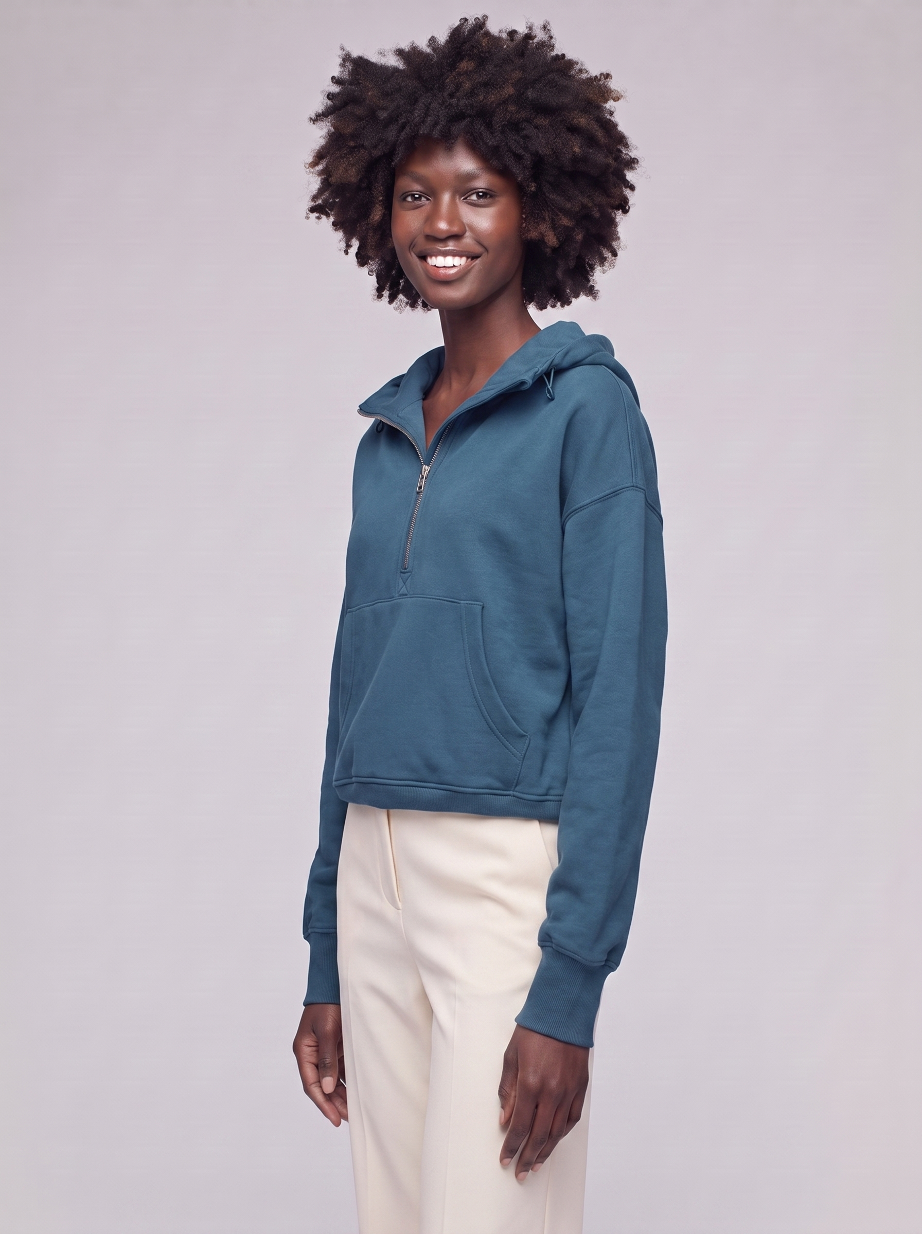 Mia | Blue Cotton Drawstring Hooded Jacket - 3/4 turn