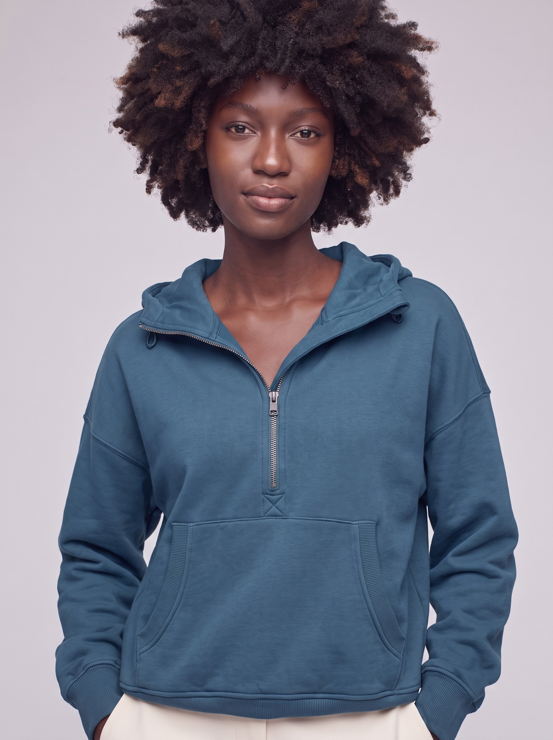 Mia | Blue Cotton Drawstring Hooded Jacket - close-up