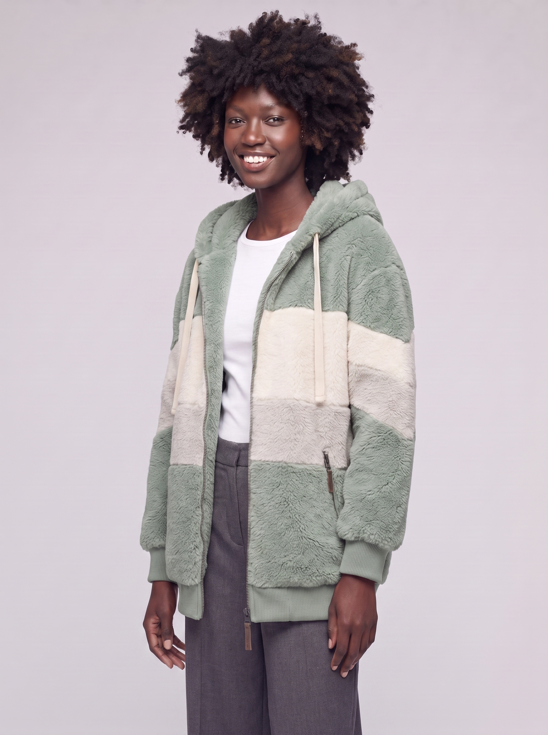 Mia | Green Colorblock Teddy Coat - 3/4 turn