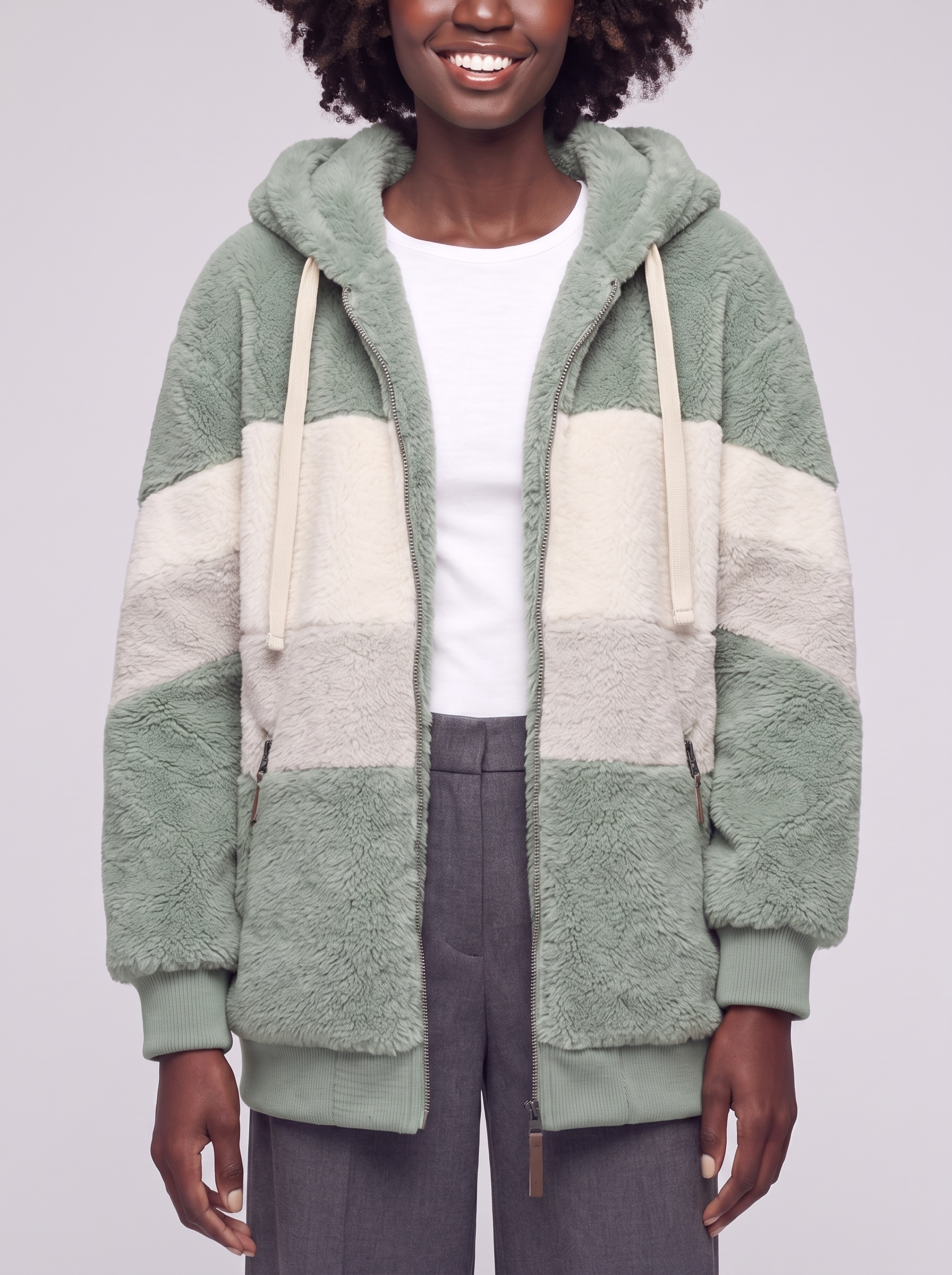 Mia | Green Colorblock Teddy Coat - close-up