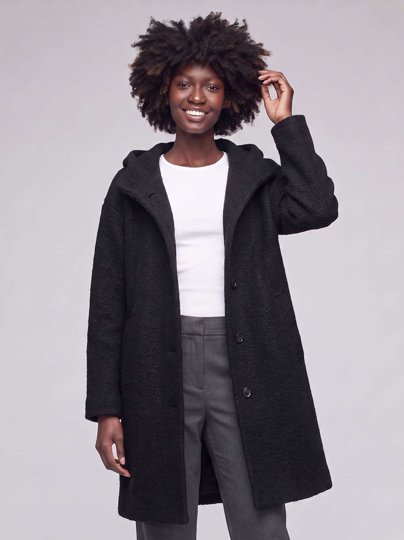 Mia | Black Hooded Button-Up Coat - featured