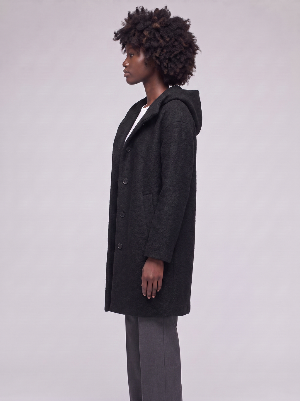 Mia | Black Hooded Button-Up Coat - side