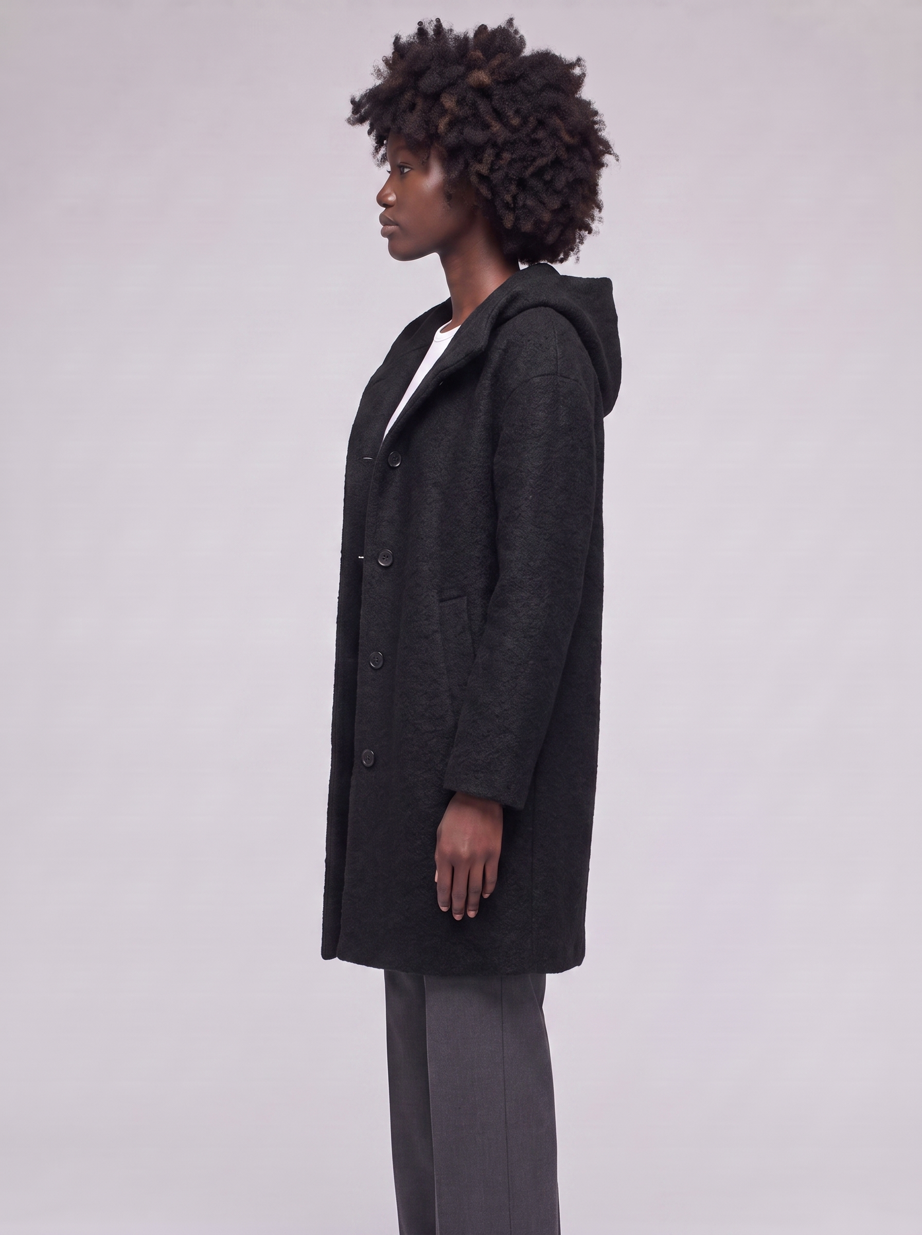 Mia | Black Hooded Button-Up Coat - side