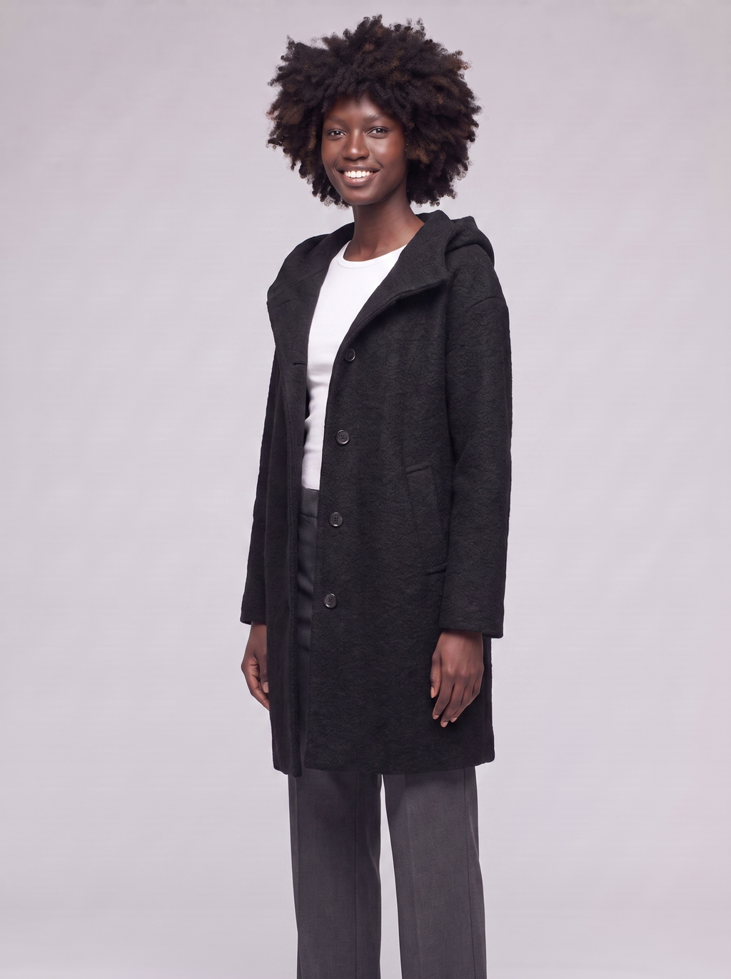 Mia | Black Hooded Button-Up Coat - 3/4 turn