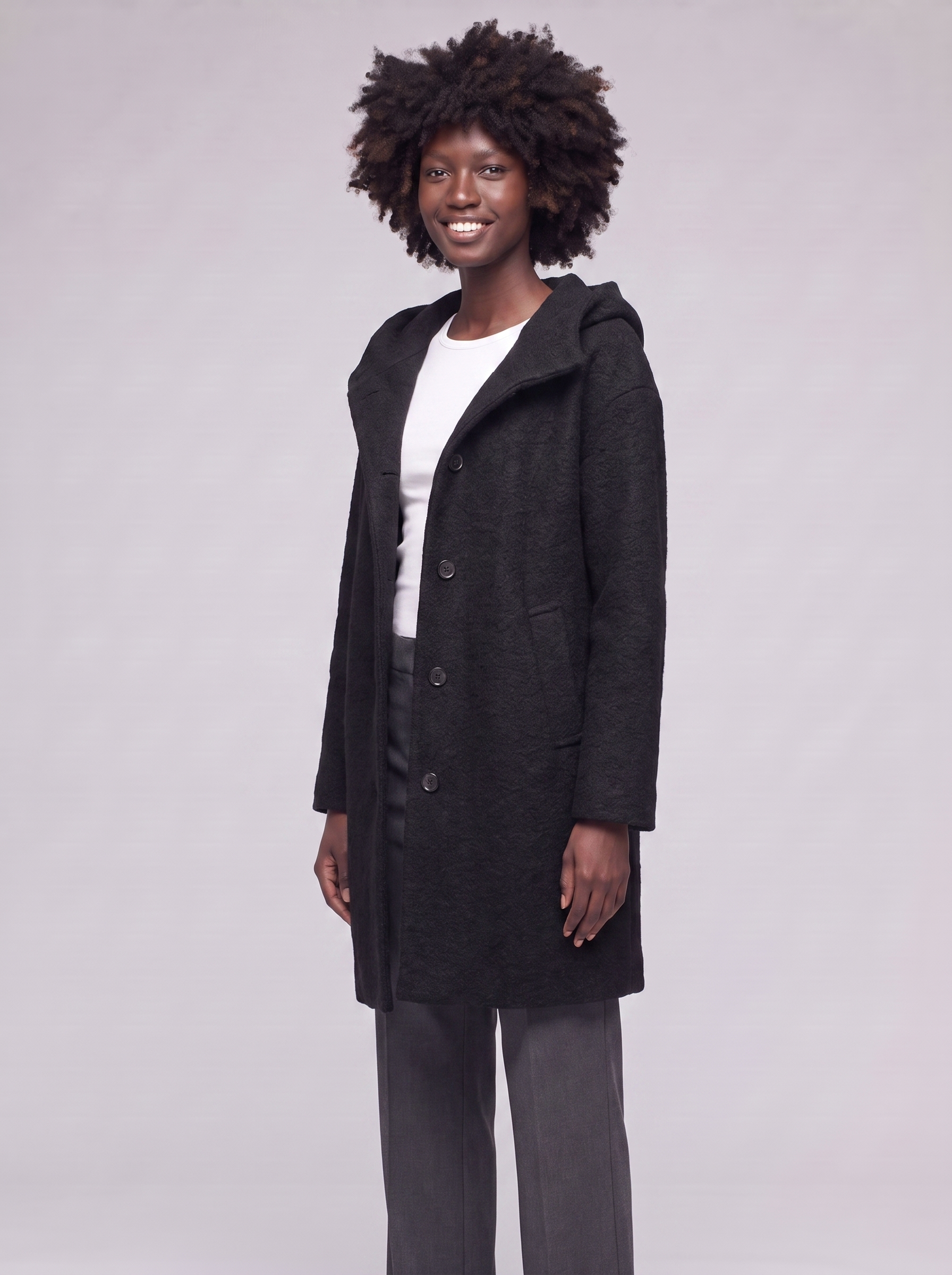 Mia | Black Hooded Button-Up Coat - 3/4 turn