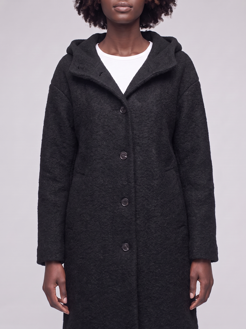 Mia | Black Hooded Button-Up Coat - close-up