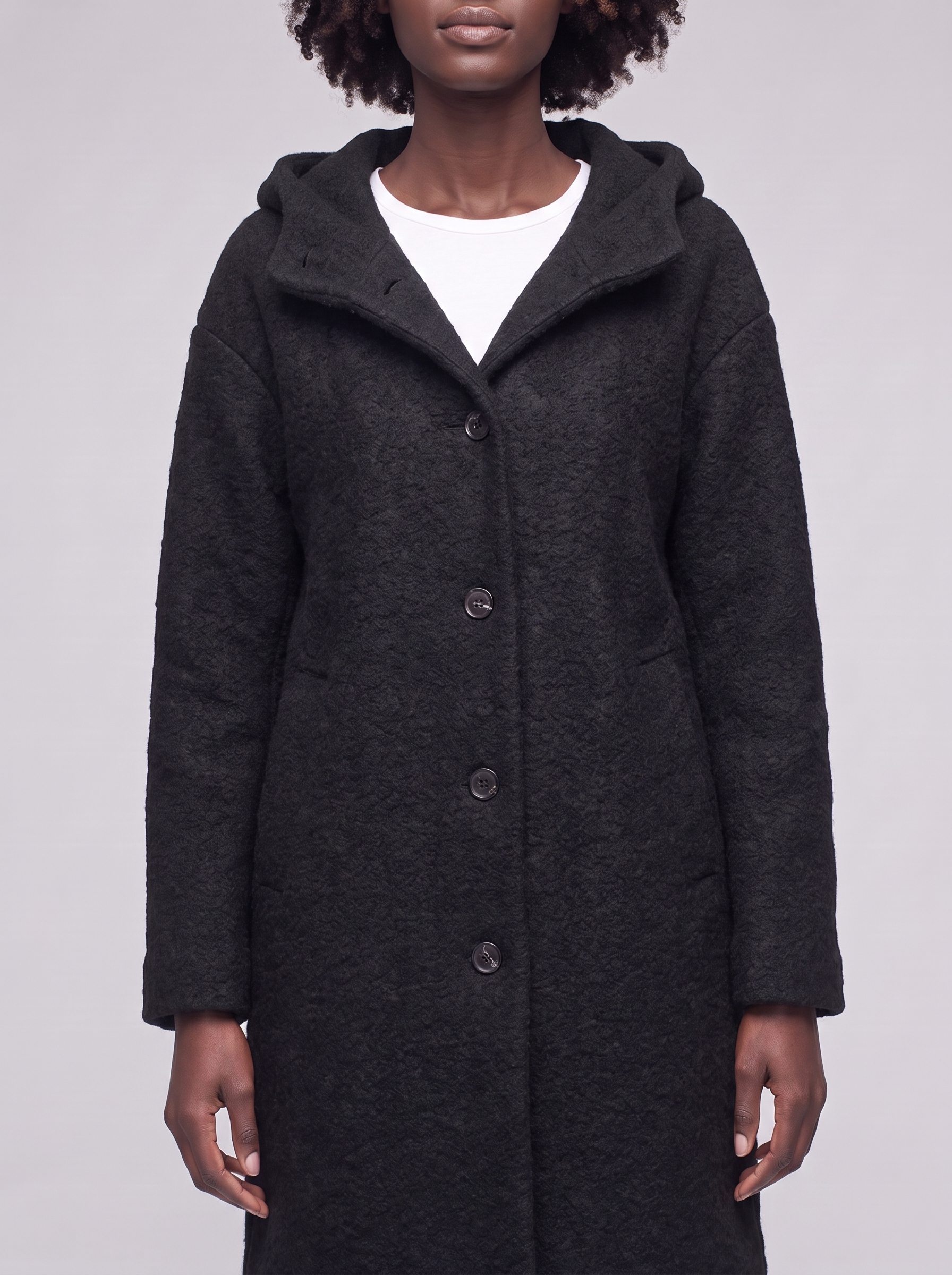 Mia | Black Hooded Button-Up Coat - close-up