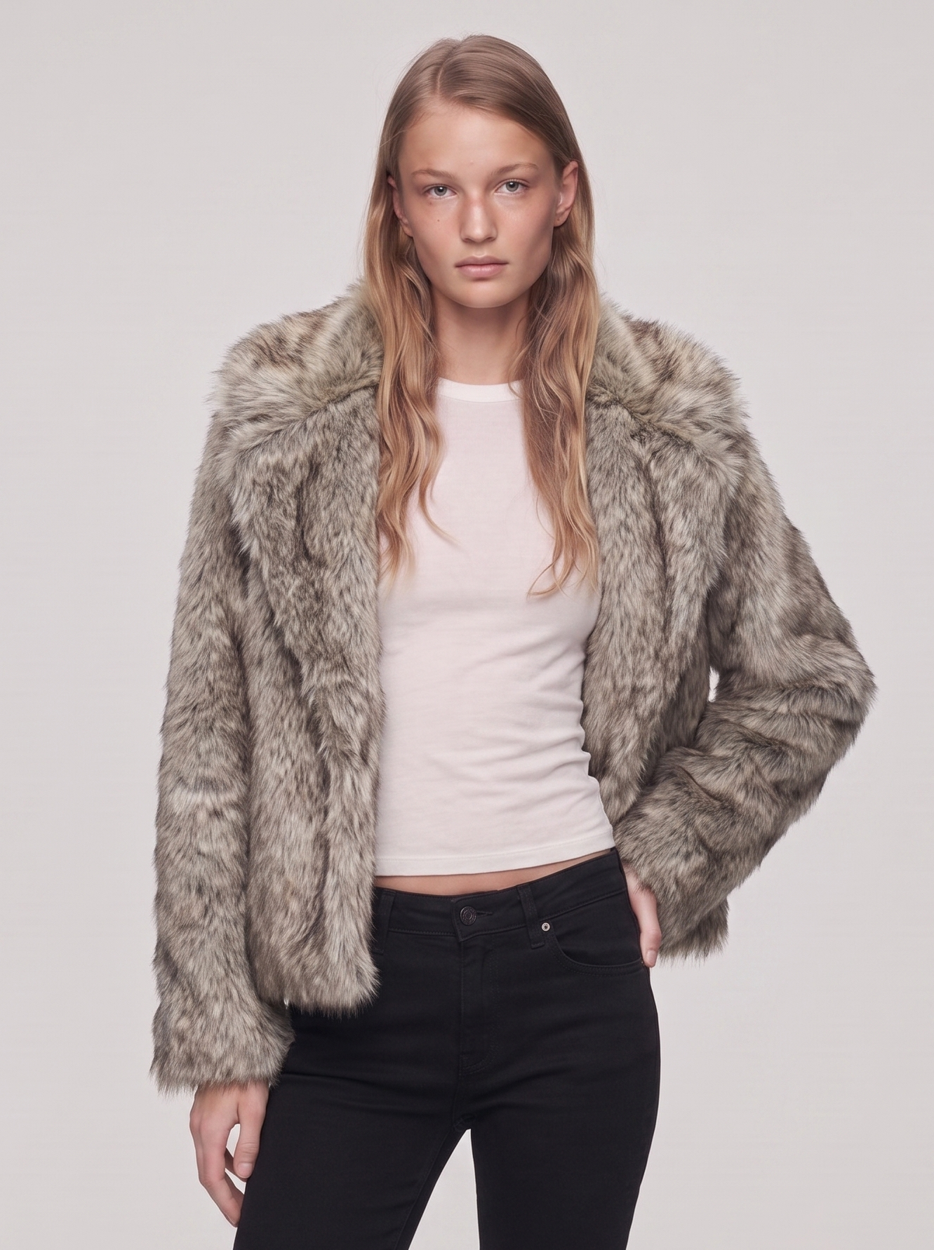 Ella Brown Open Front Faux Fur Jacket - front