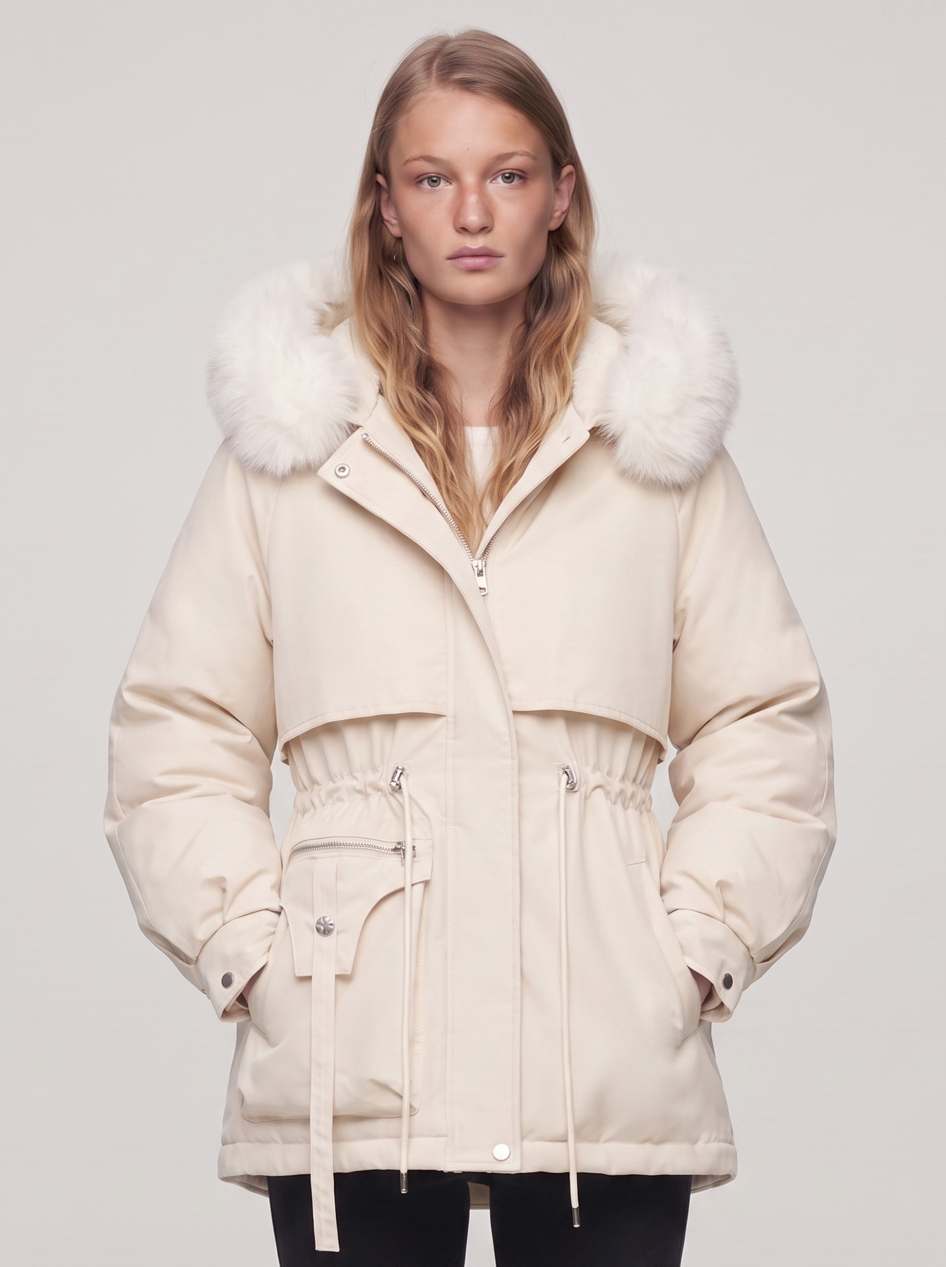 Ella Cream Belted Faux Fur Jacket - front