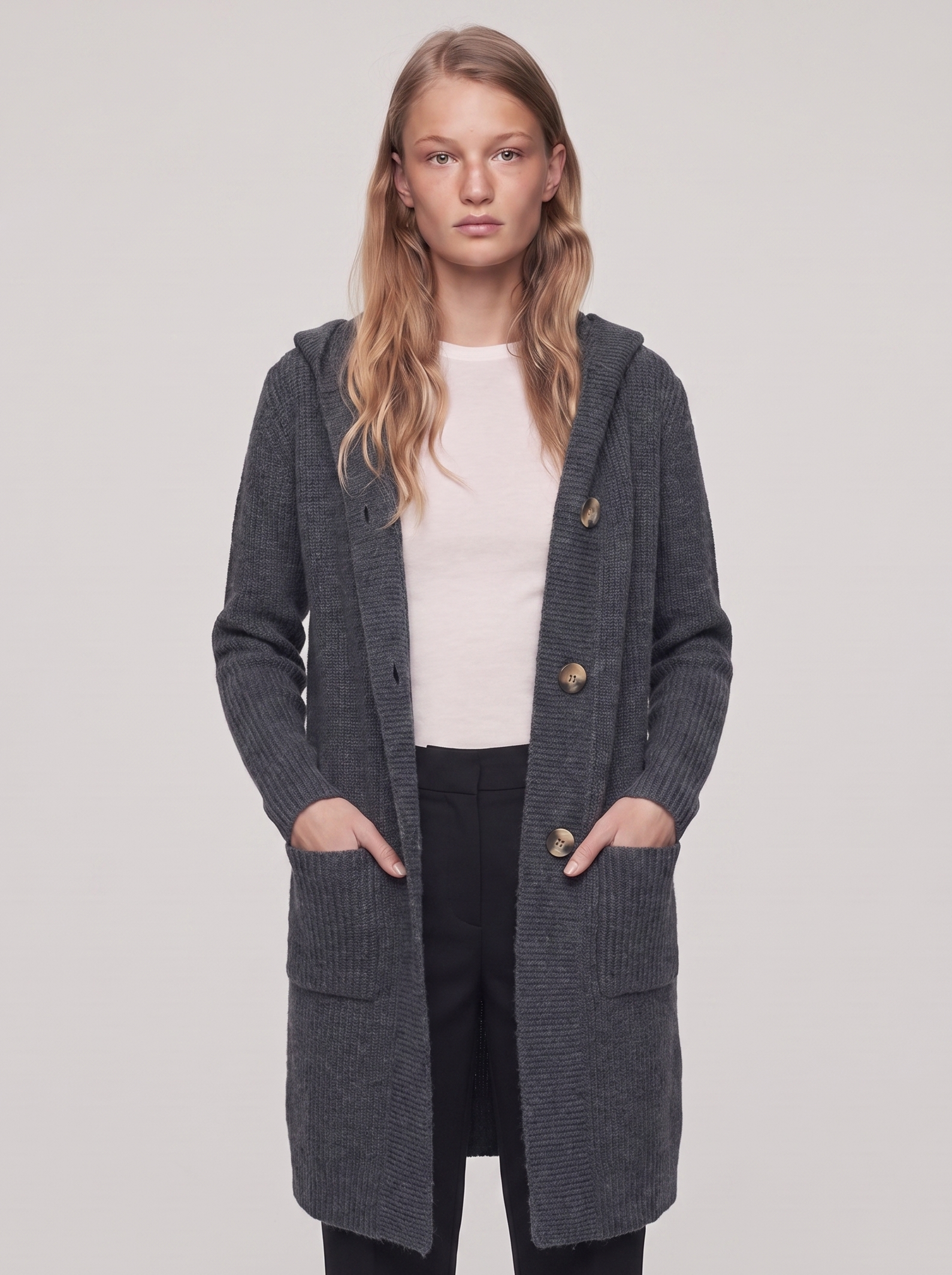 Ella Grey Chunky Knit Cardigan Coat - front