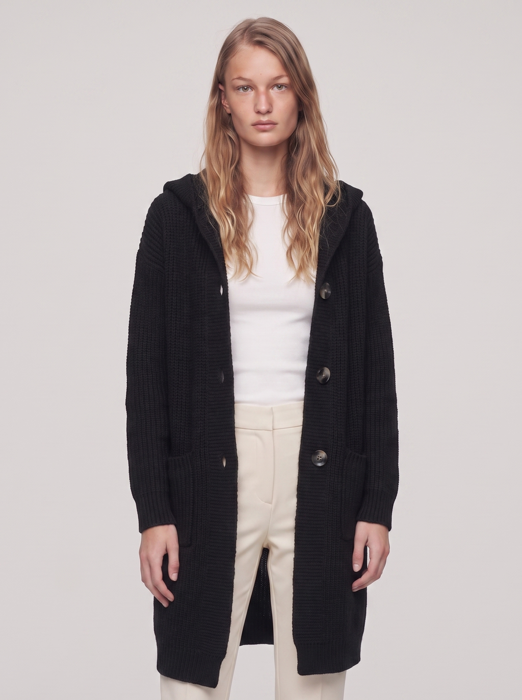 Ella Black Chunky Knit Cardigan Coat - front