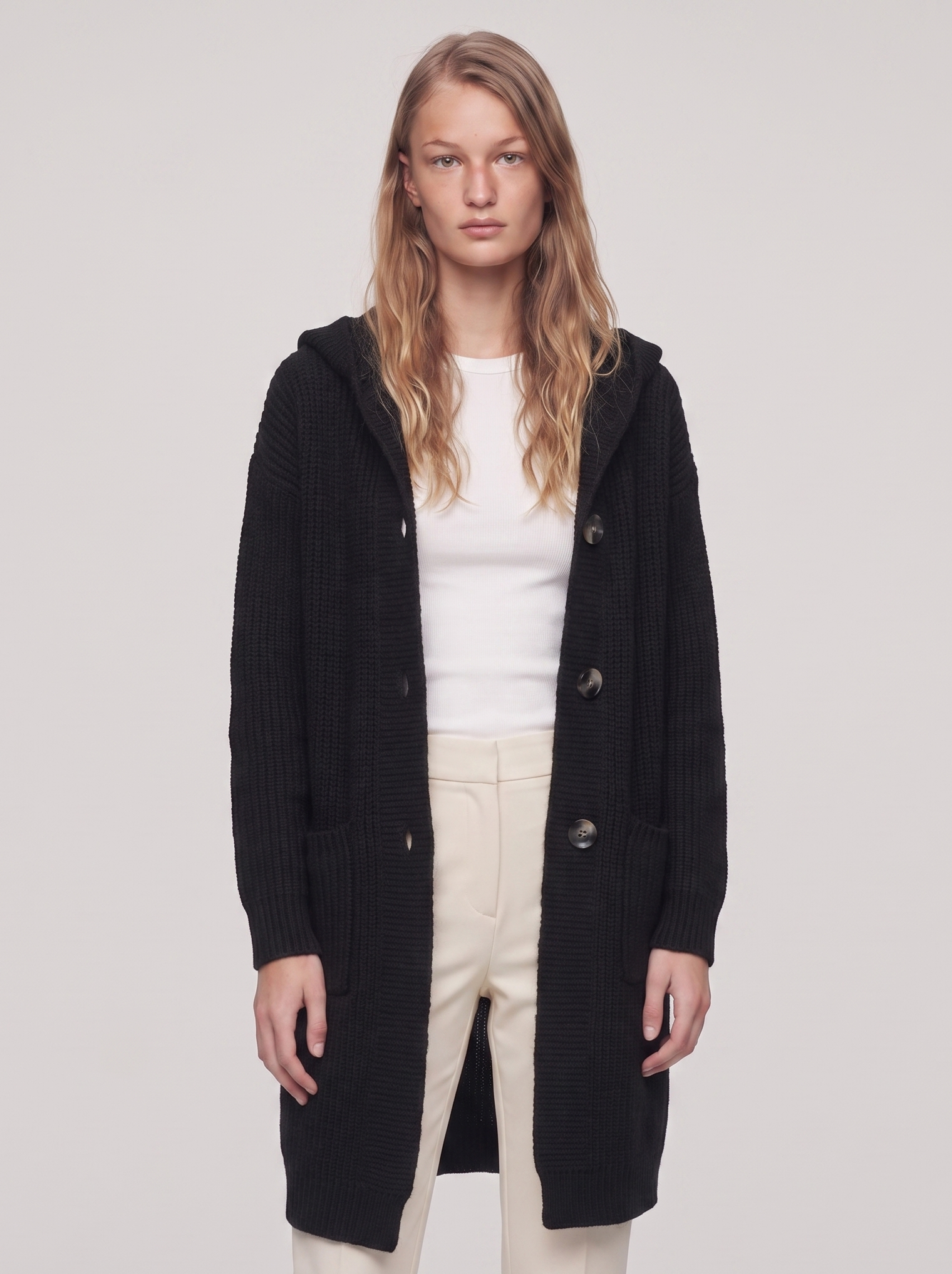 Ella Black Chunky Knit Cardigan Coat - front