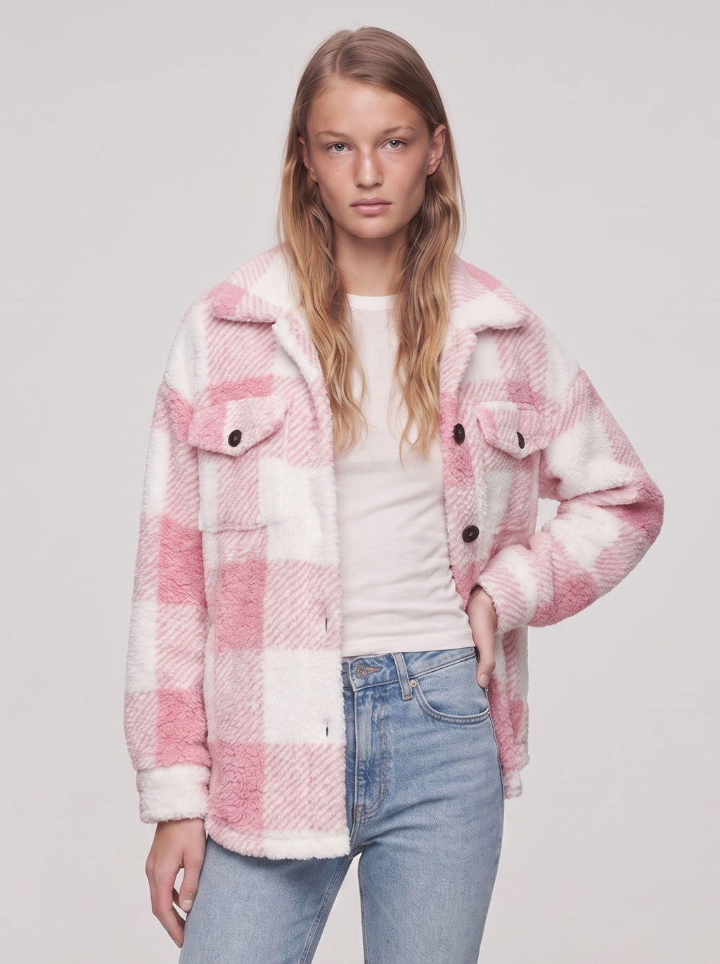 Ella Pink Plaid Fleece Jacket - front